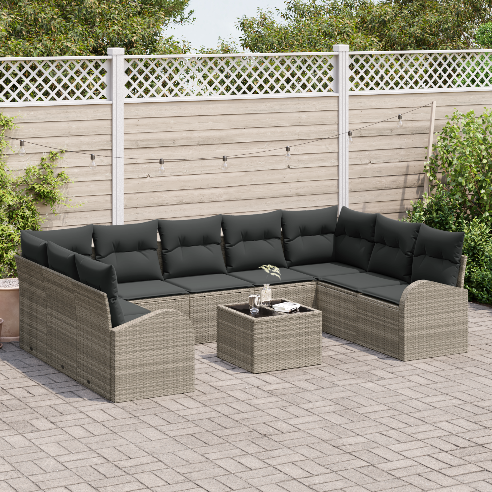 vidaXL 10-delige tuinsofa set met kussens grijs poly rattan