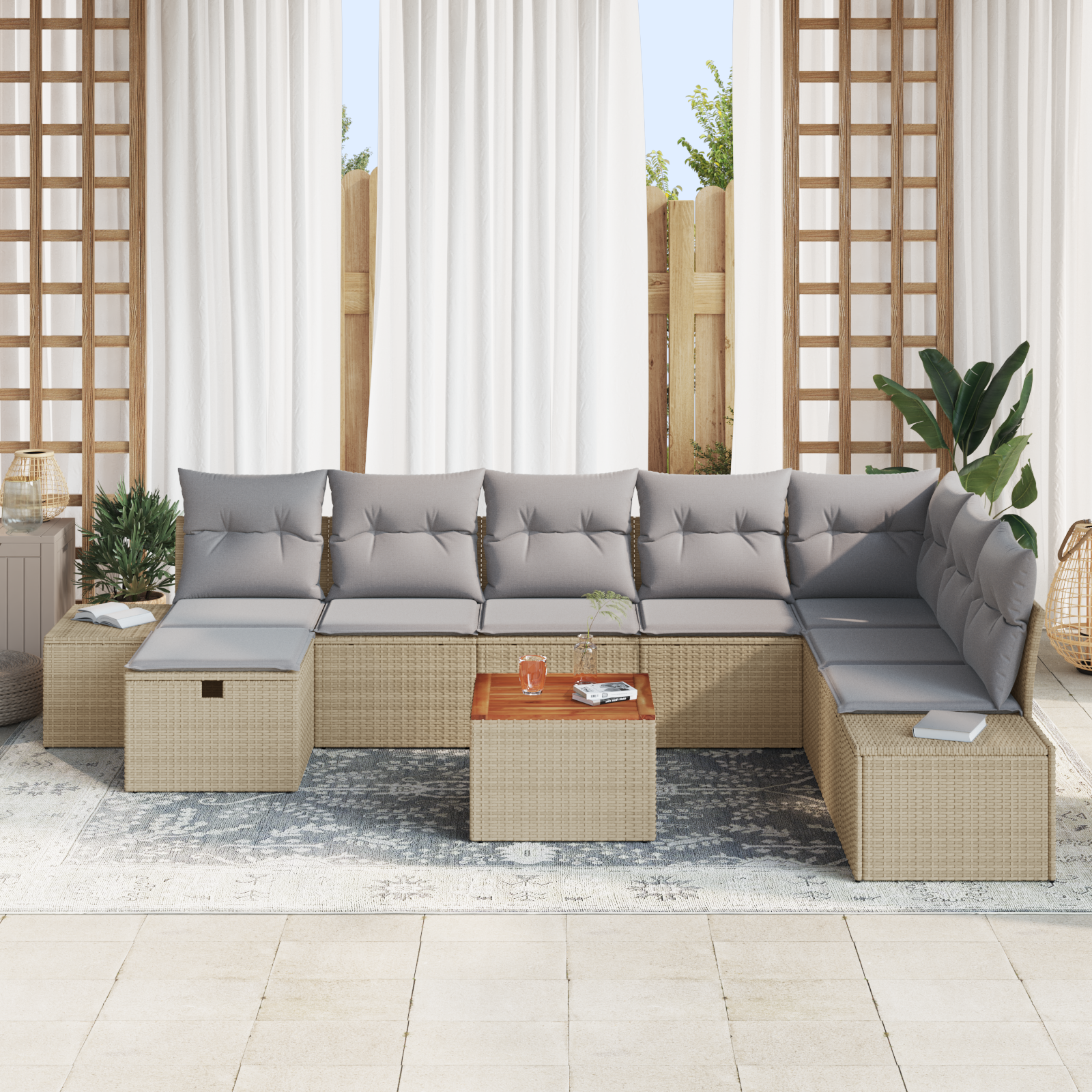 vidaXL 9-delige Tuinbankenset met kussens poly rattan beige