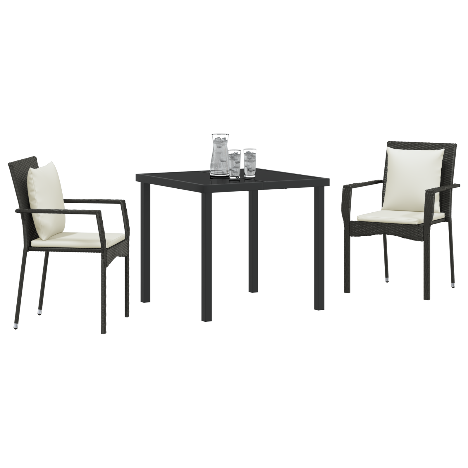 vidaXL 3-delige tuin eetset met kussens zwart poly rattan