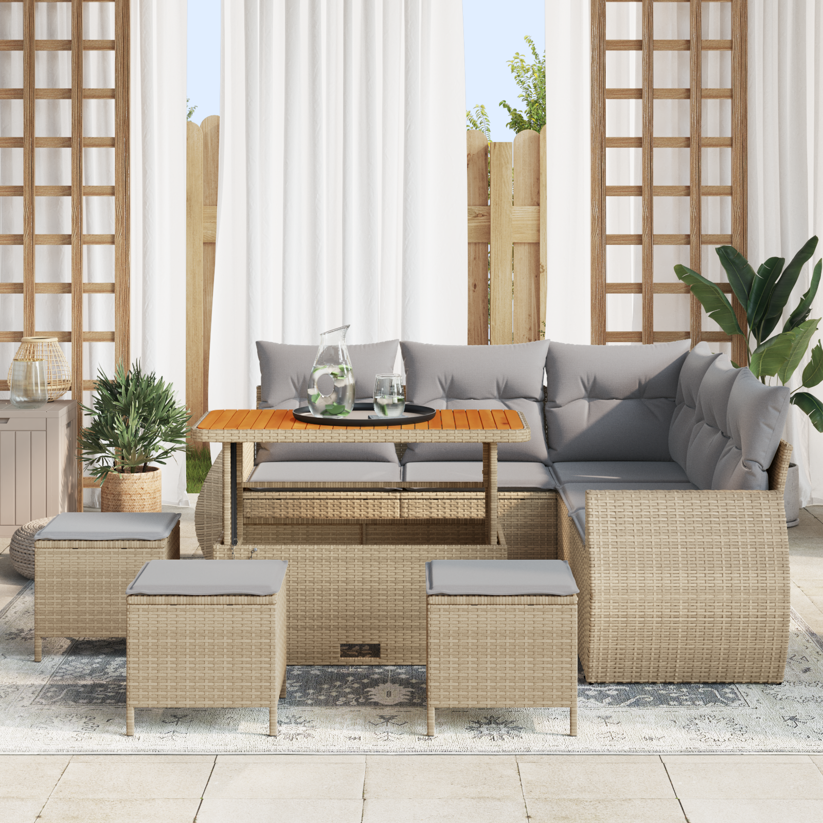 vidaXL 9-delige Tuinbankenset met kussen poly rattan acacia beige