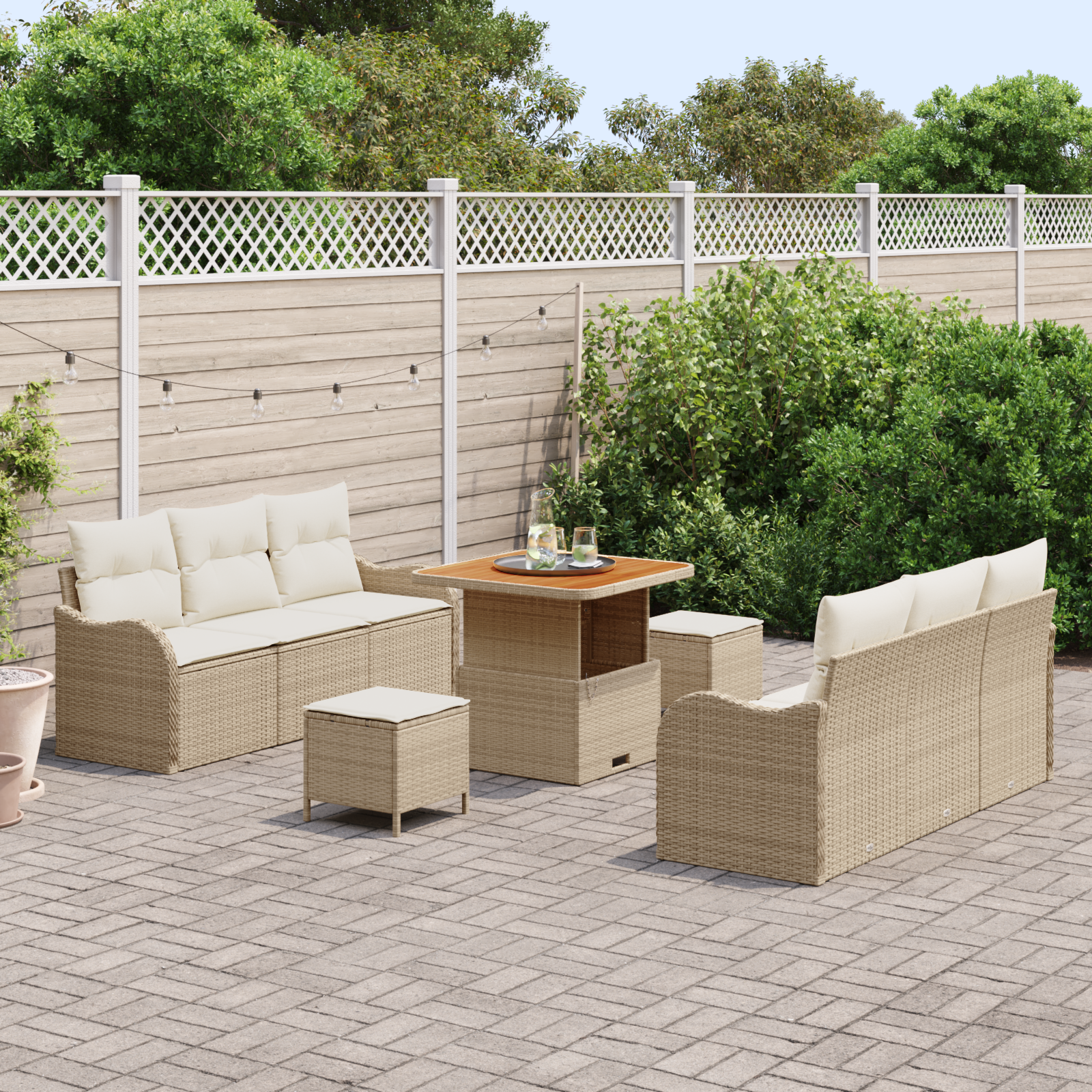 vidaXL 9-delige Tuinbankenset met kussens poly rattan acacia beige