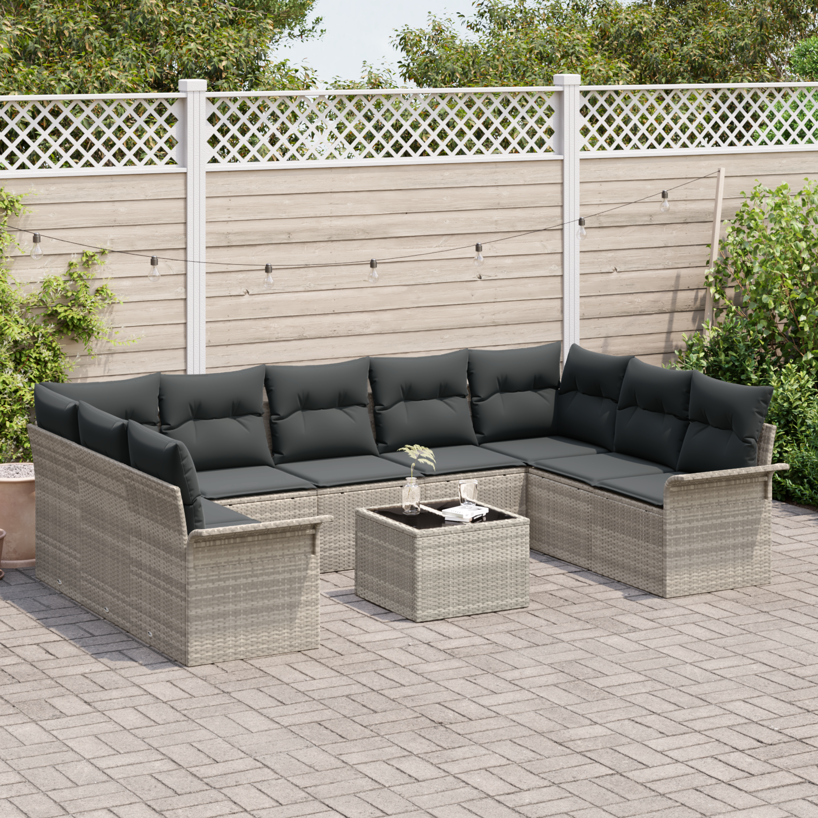 vidaXL 10-delige tuinset met kussens grijs poly rattan