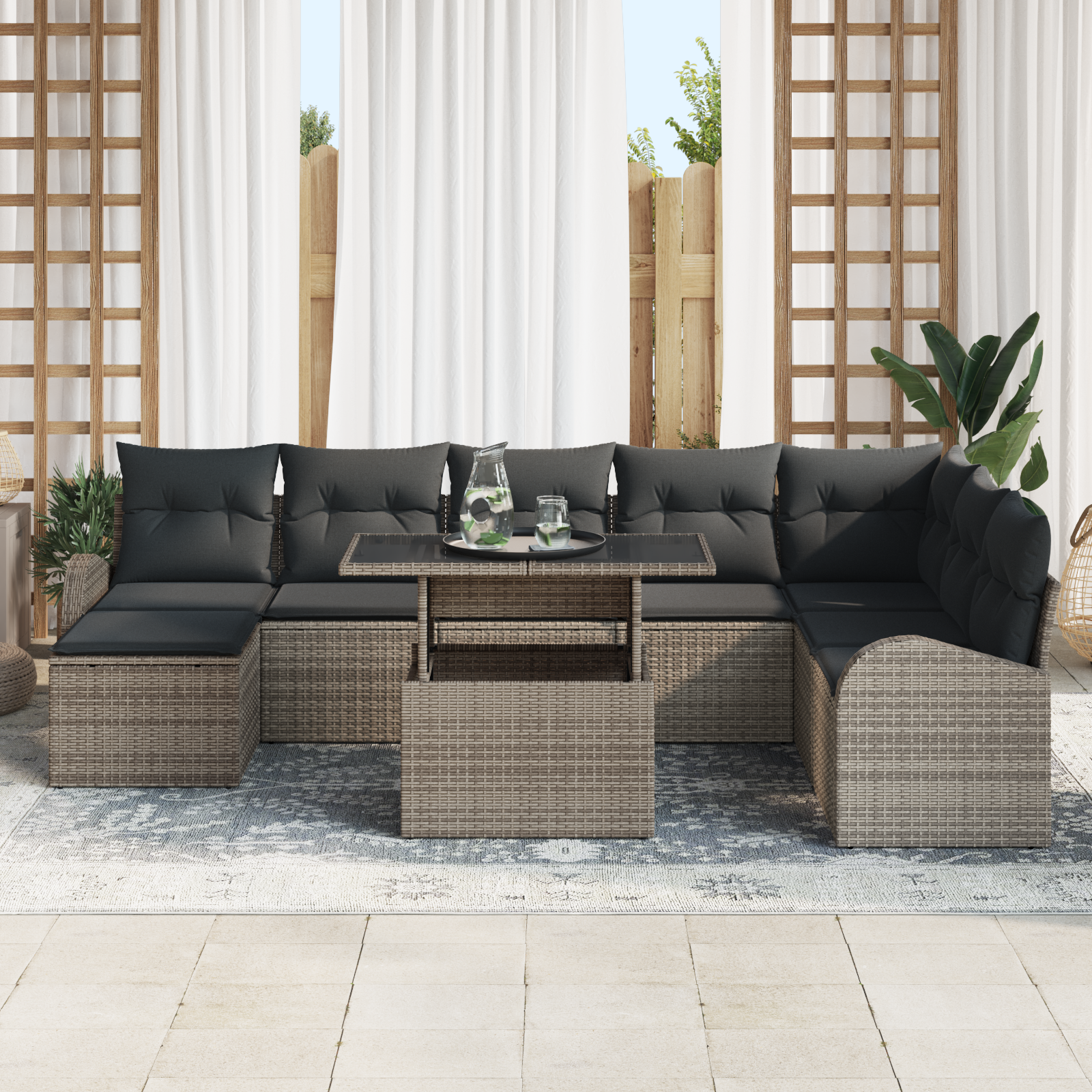 vidaXL 9-delig Tuinbankstel met Kussens Grijs Poly Rattan