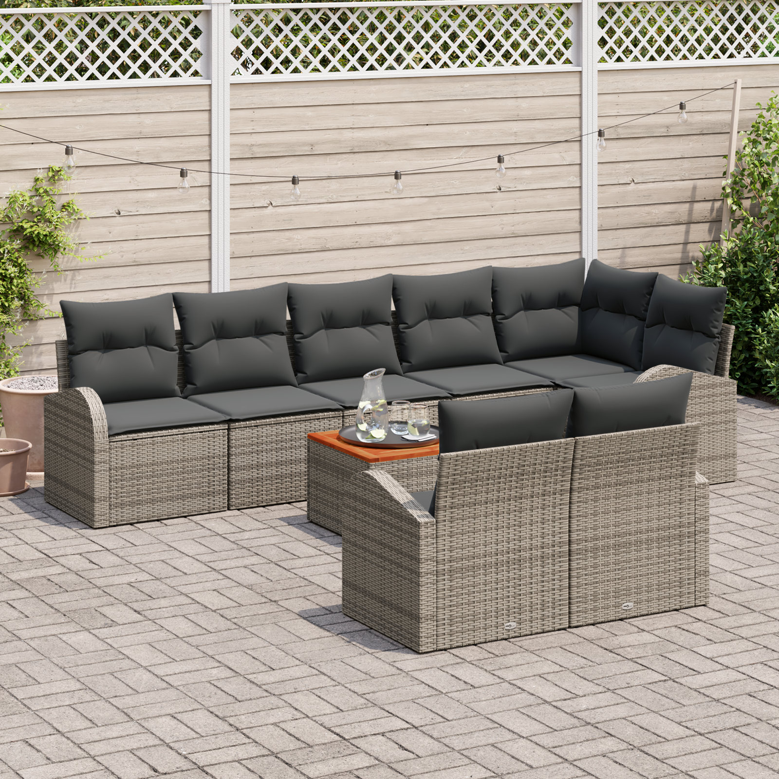 vidaXL 9-delige Tuinbankenset met kussens poly rattan acacia grijs