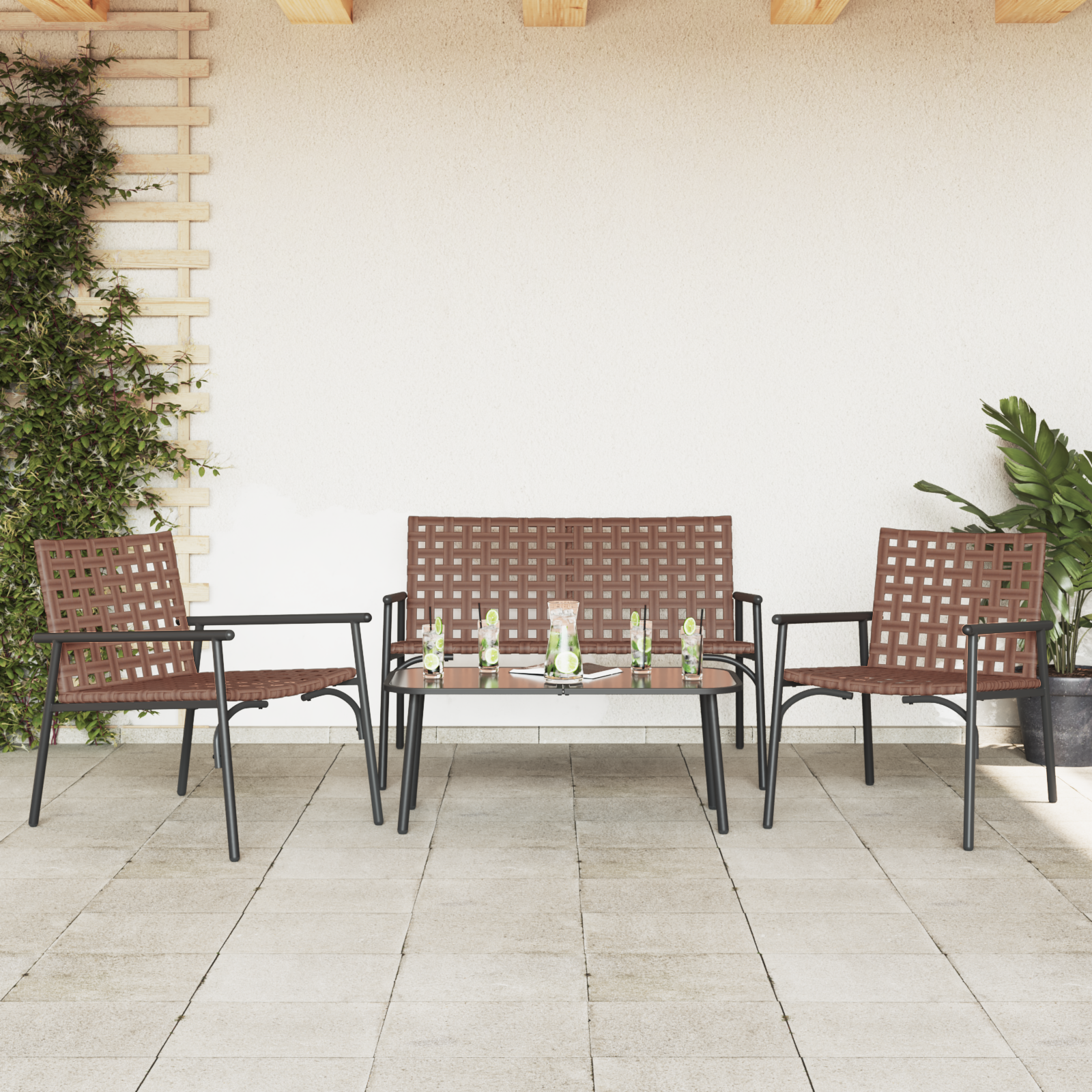 vidaXL 4-deligt Salontafelset poly rattan en staal bruin