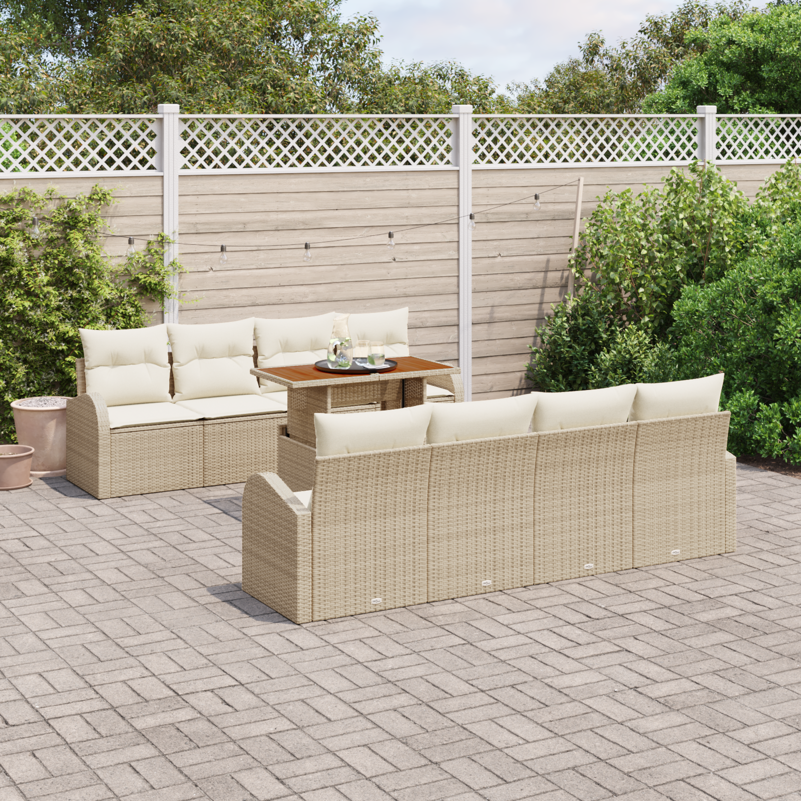 vidaXL 9-delige Tuin Eettafel Set met Kussens Beige Poly Rattan Acacia