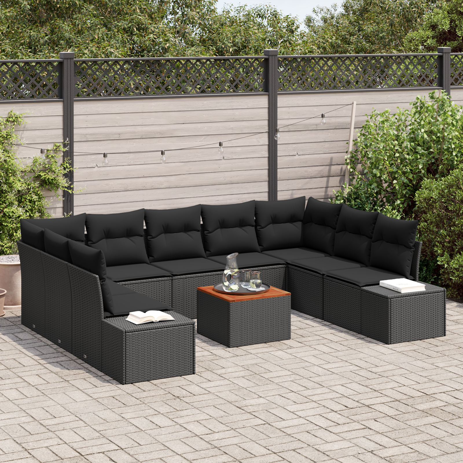 vidaXL 10-delige tuinbankset met kussens zwart poly rattan acacia