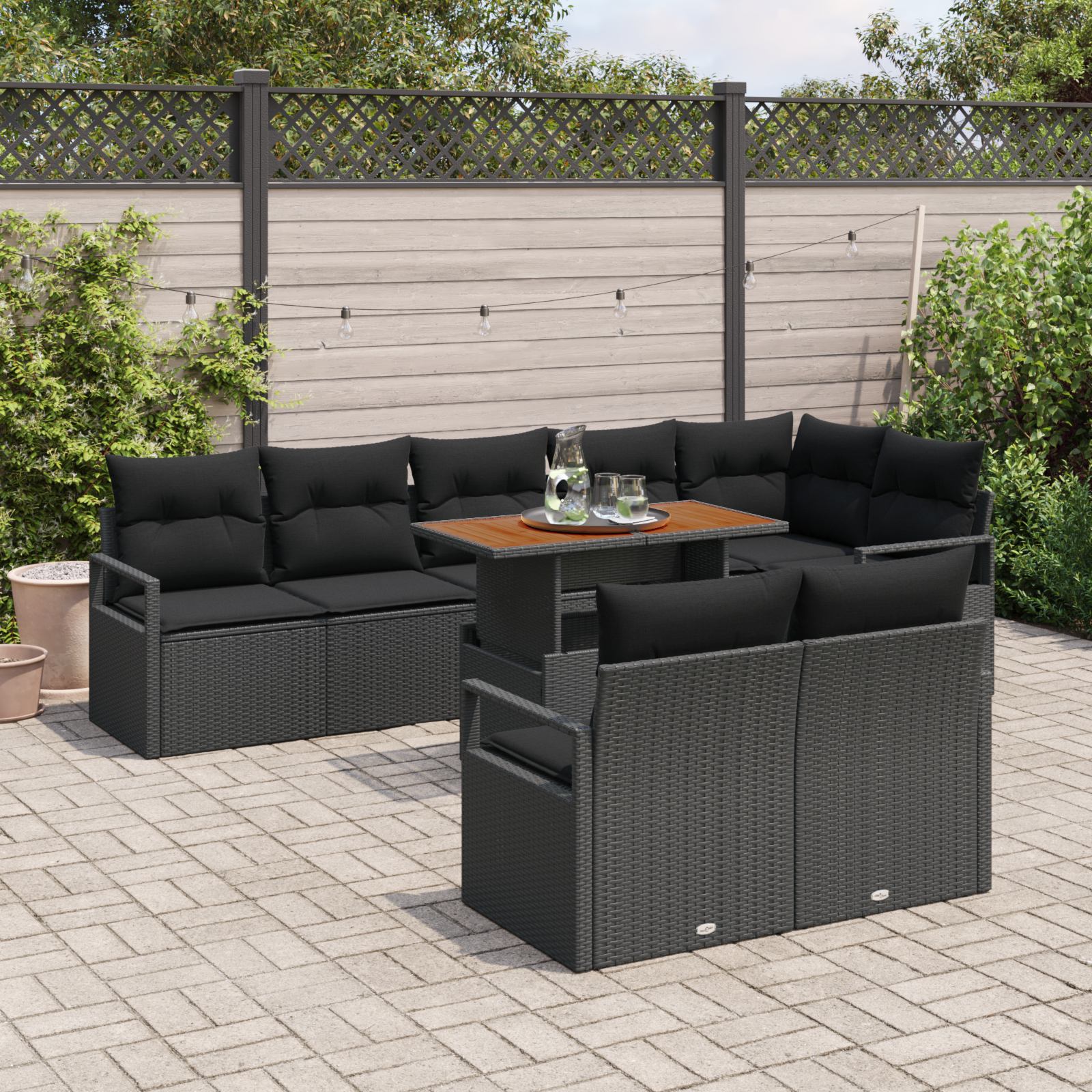 vidaXL 9-delige tuinsofa set met kussens in zwart poly rattan en acacia hout