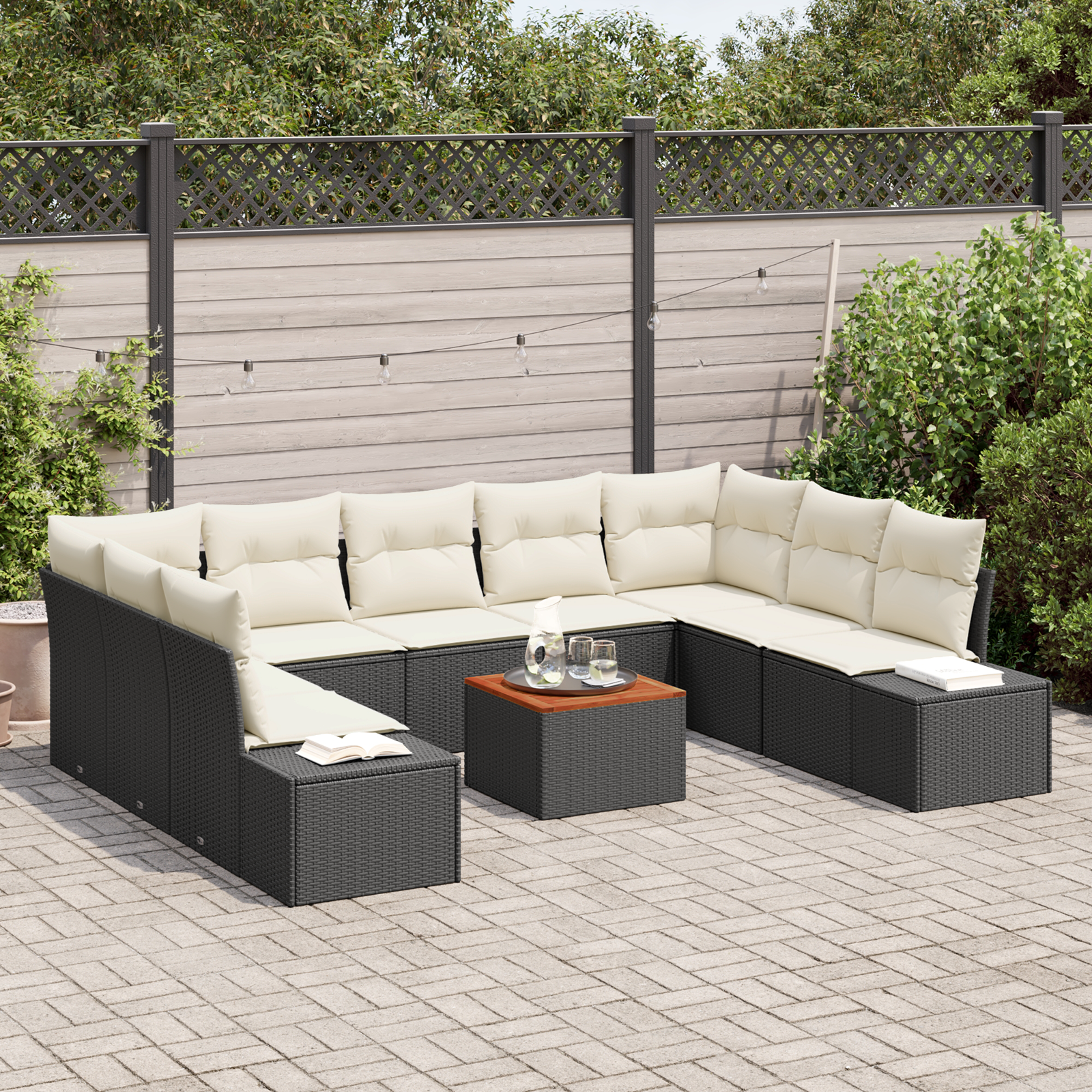 vidaXL 10-delige tuinbankset met kussens zwart poly rattan acacia