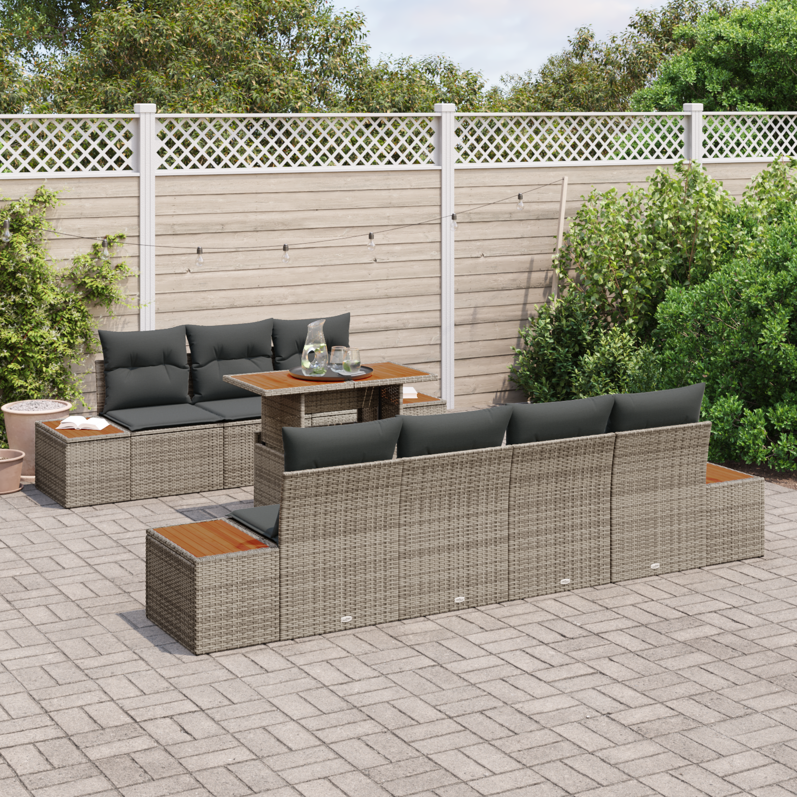 vidaXL 8-delige Tuinset met kussens poly rattan acaciahout grijs