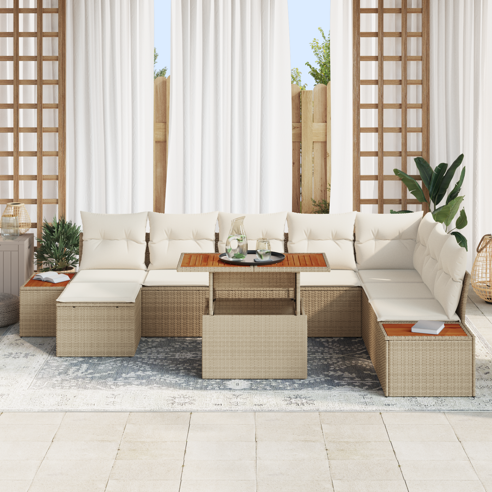 vidaXL 9-delige Tuinset met kussens poly rattan acaciahout beige