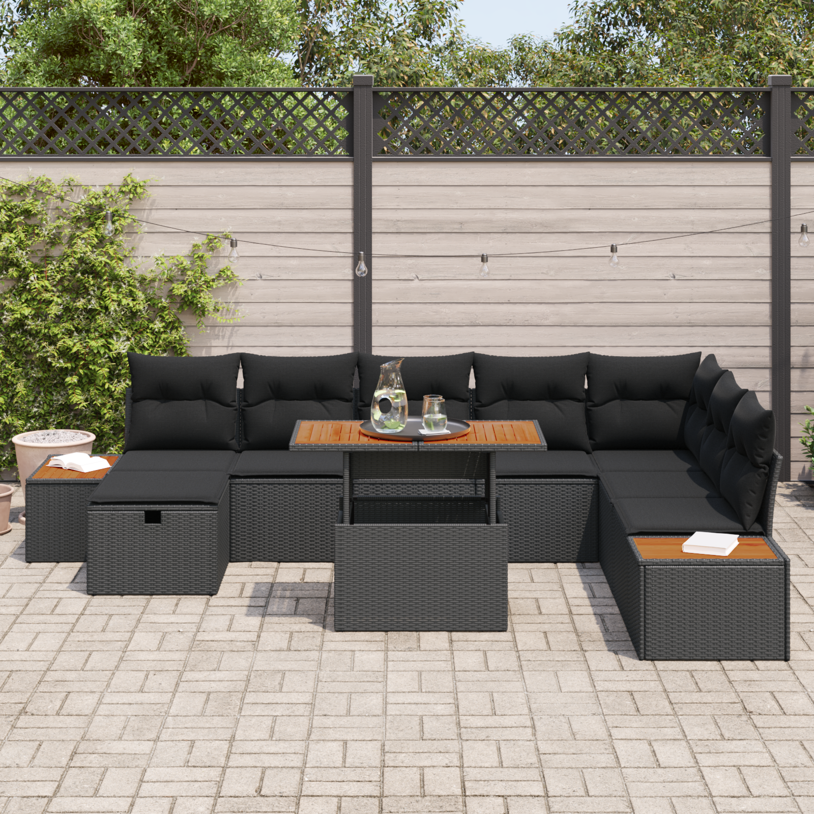 vidaXL 9-delig tuinset met kussens zwart poly rattan