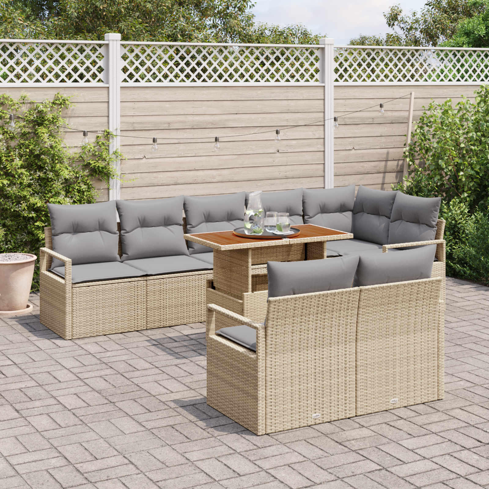 vidaXL 9-delige tuinsofa set met kussens in beige poly rattan en acacia