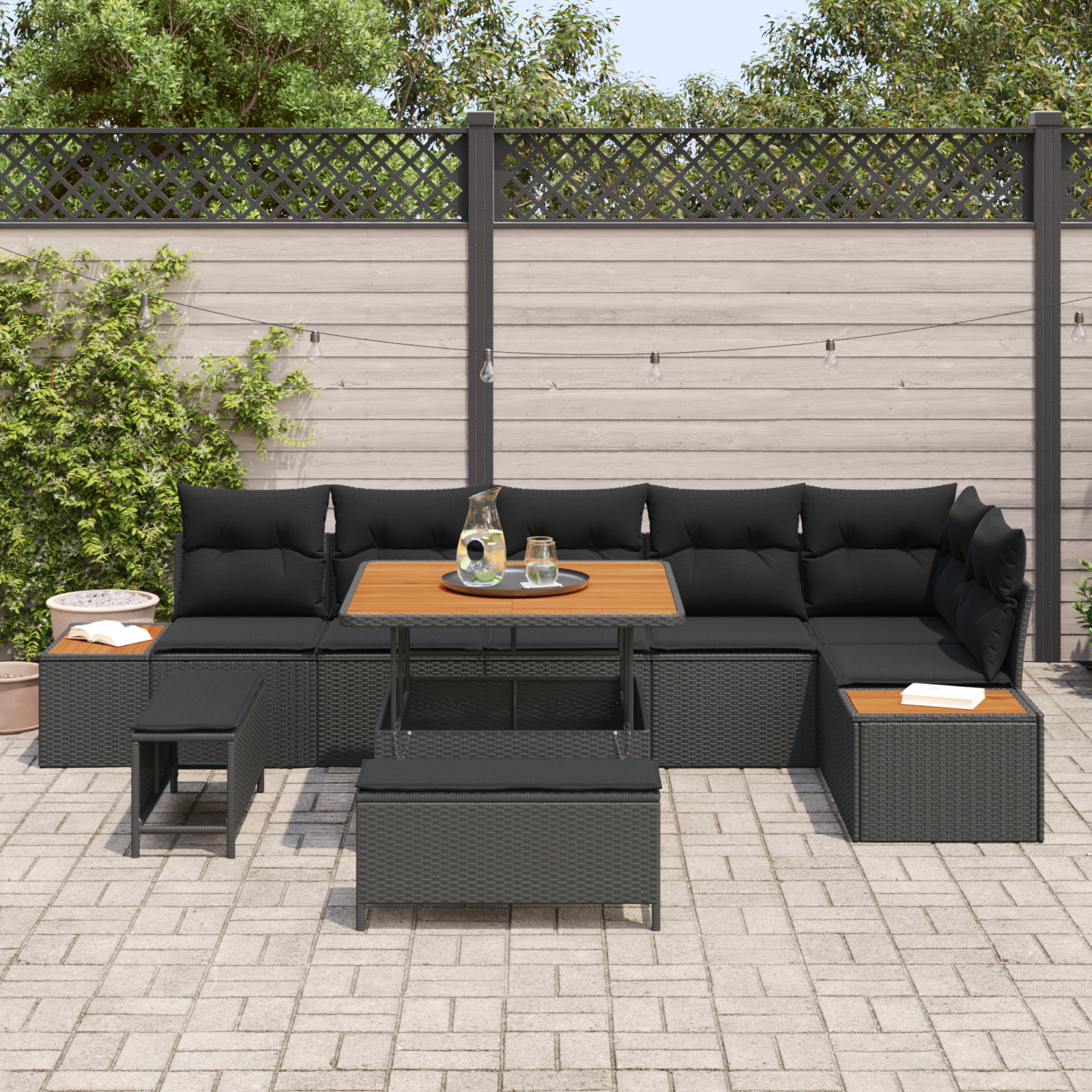 vidaXL 9-delige Tuinbankenset met kussens poly rattan acacia zwart