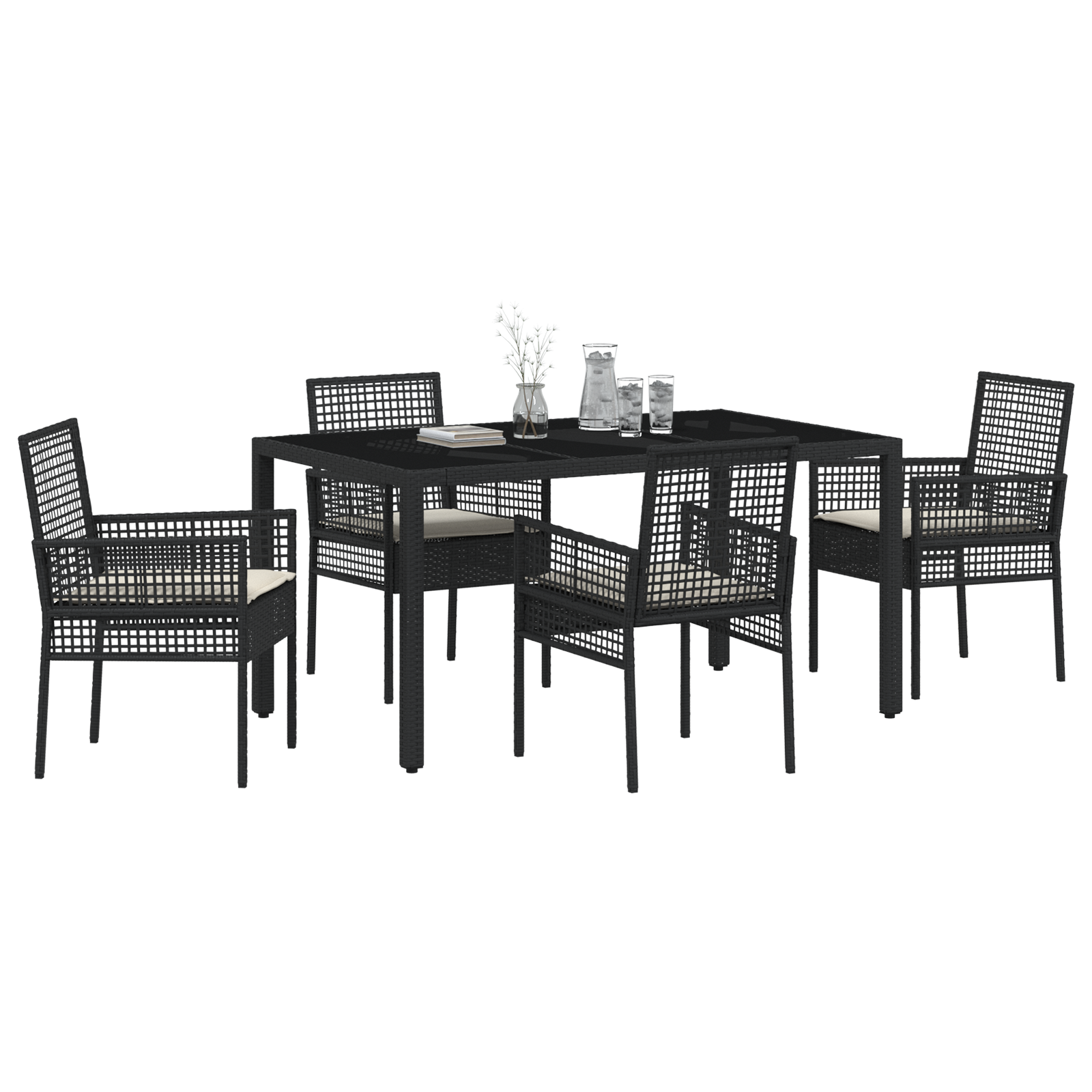vidaXL 5-delige Tuinset met kussens poly rattan zwart