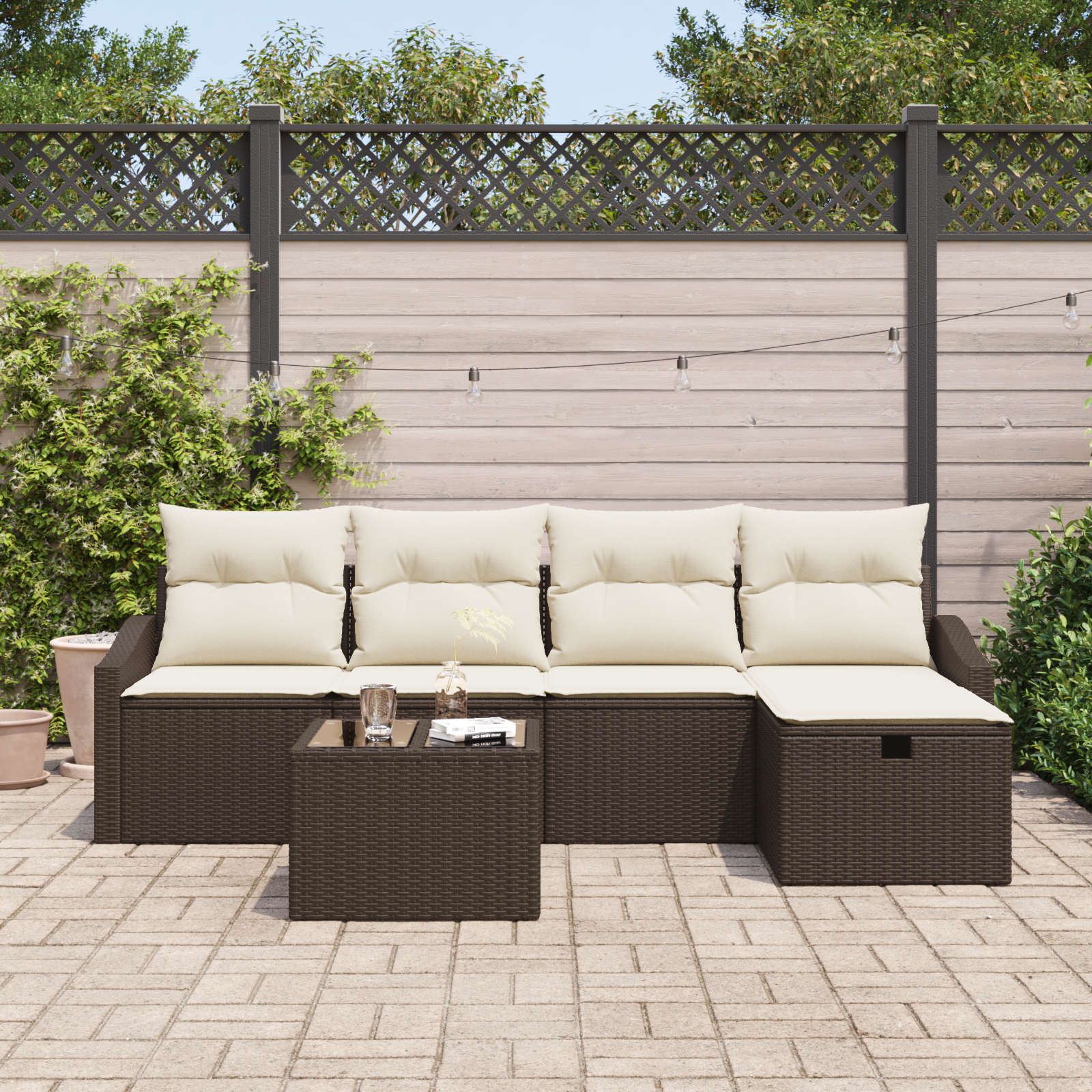 vidaXL 6-delige Tuinbankenset met kussens poly rattan bruin