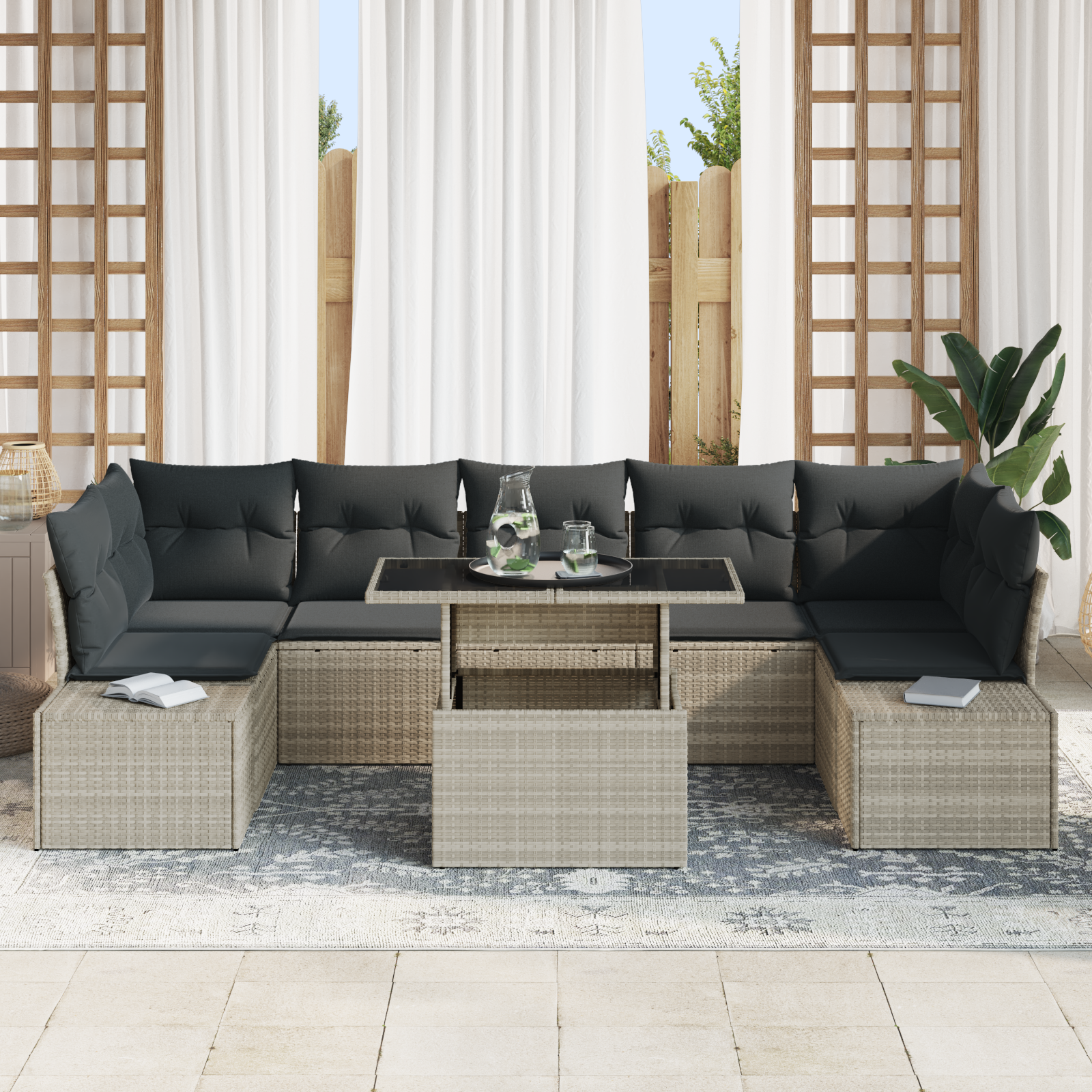 vidaXL 8-delige Tuinbankenset met kussens poly rattan lichtgrijs