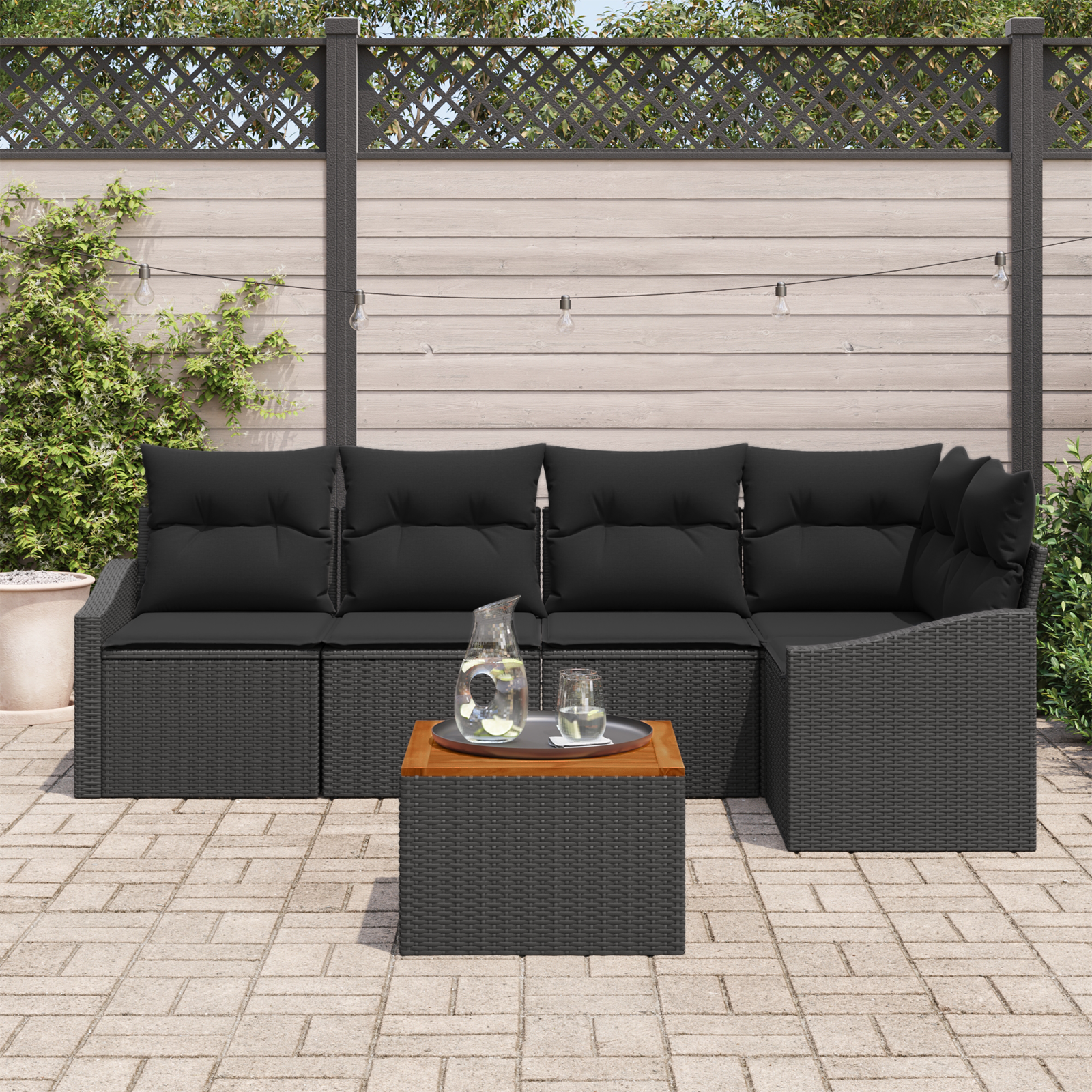 vidaXL 6-delige Tuinbankenset met kussens poly rattan acaciahout zwart