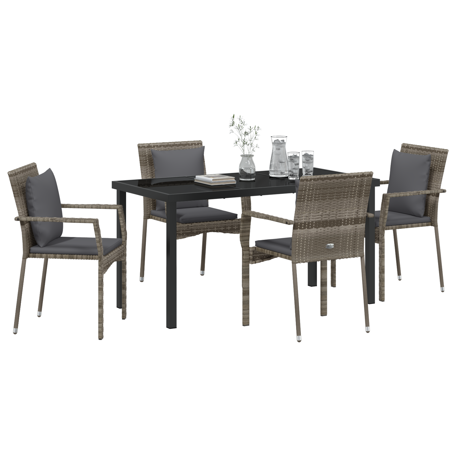 vidaXL 5-delige tuin eettafelset met kussens grijs poly rattan
