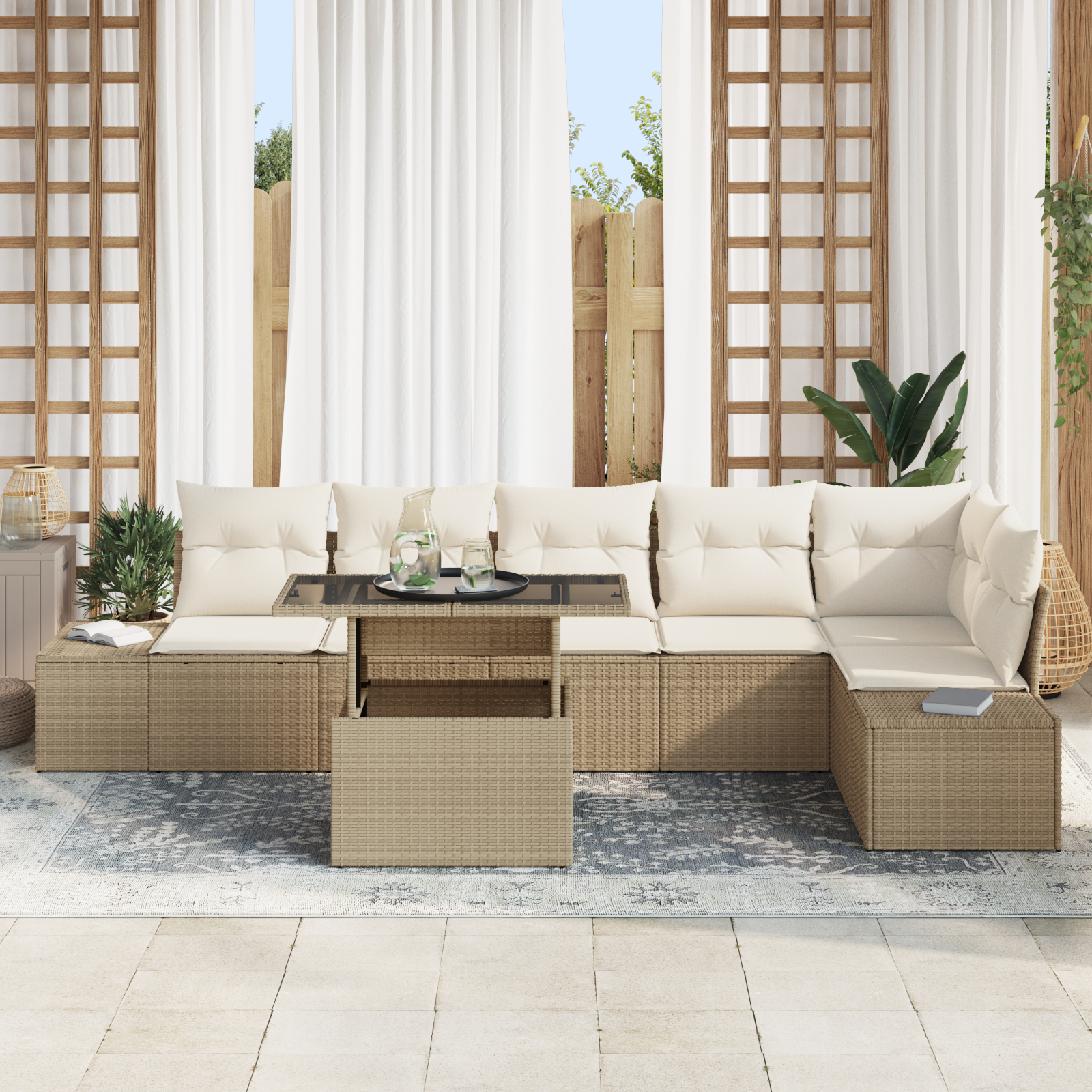 vidaXL 7-delige tuinbankset met kussens in beige poly rattan