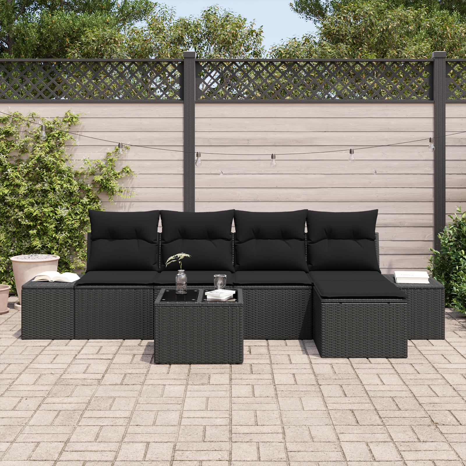 vidaXL 6-delige Tuinbankenset met kussens poly rattan beige
