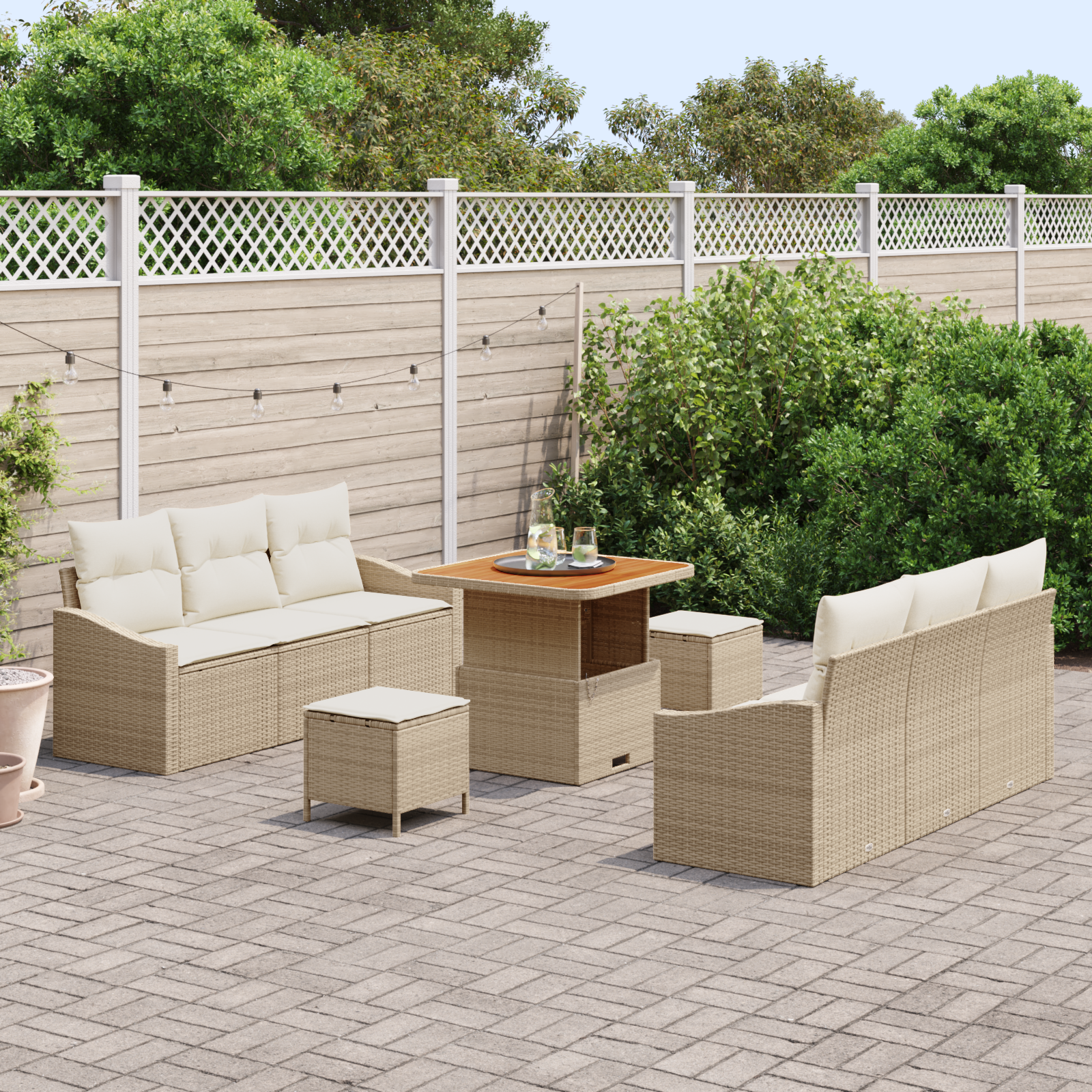 vidaXL 9-delige tuinsofa set met kussens in beige, poly rattan en acacia