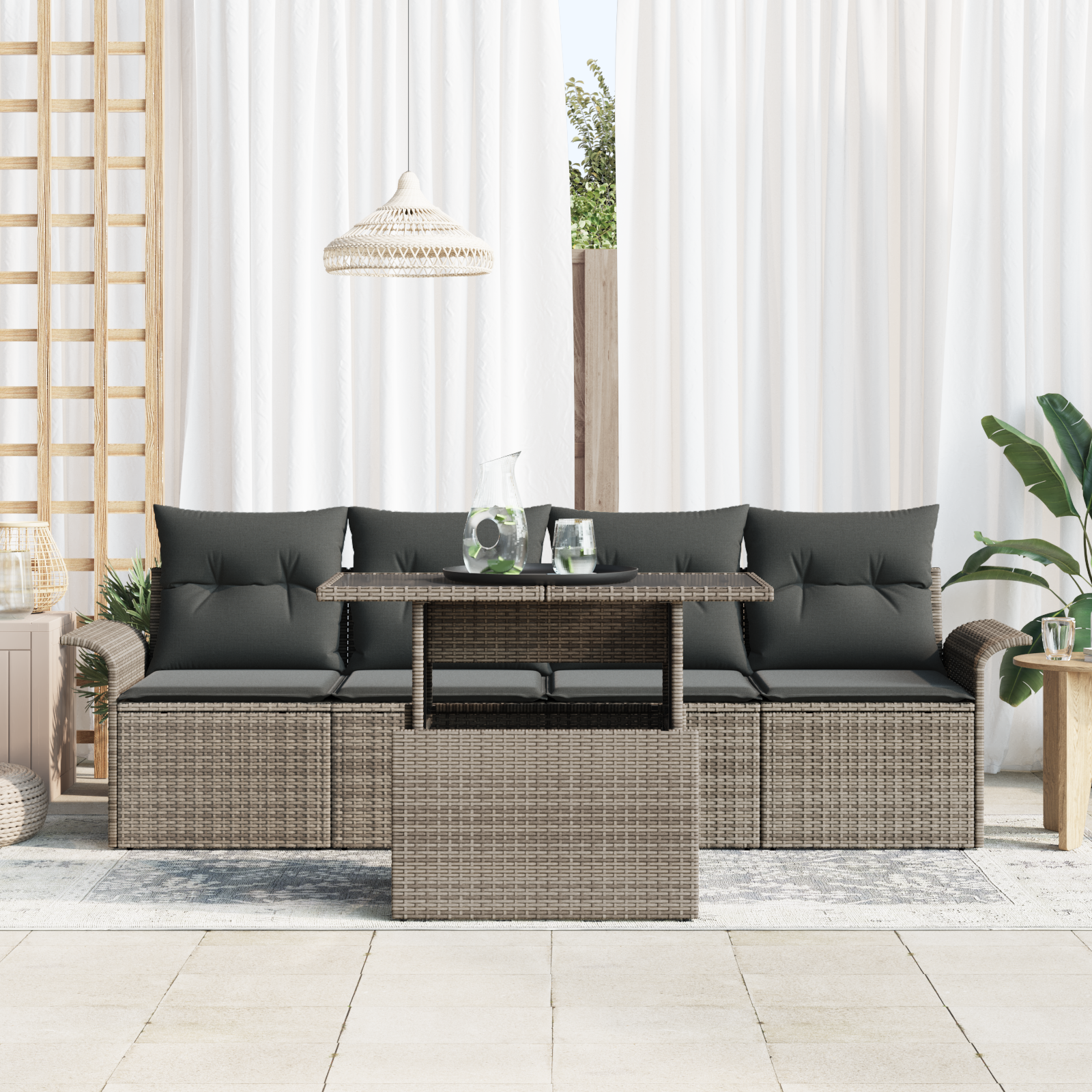 vidaXL 5-delige Tuinbankenset met kussens poly rattan grijs