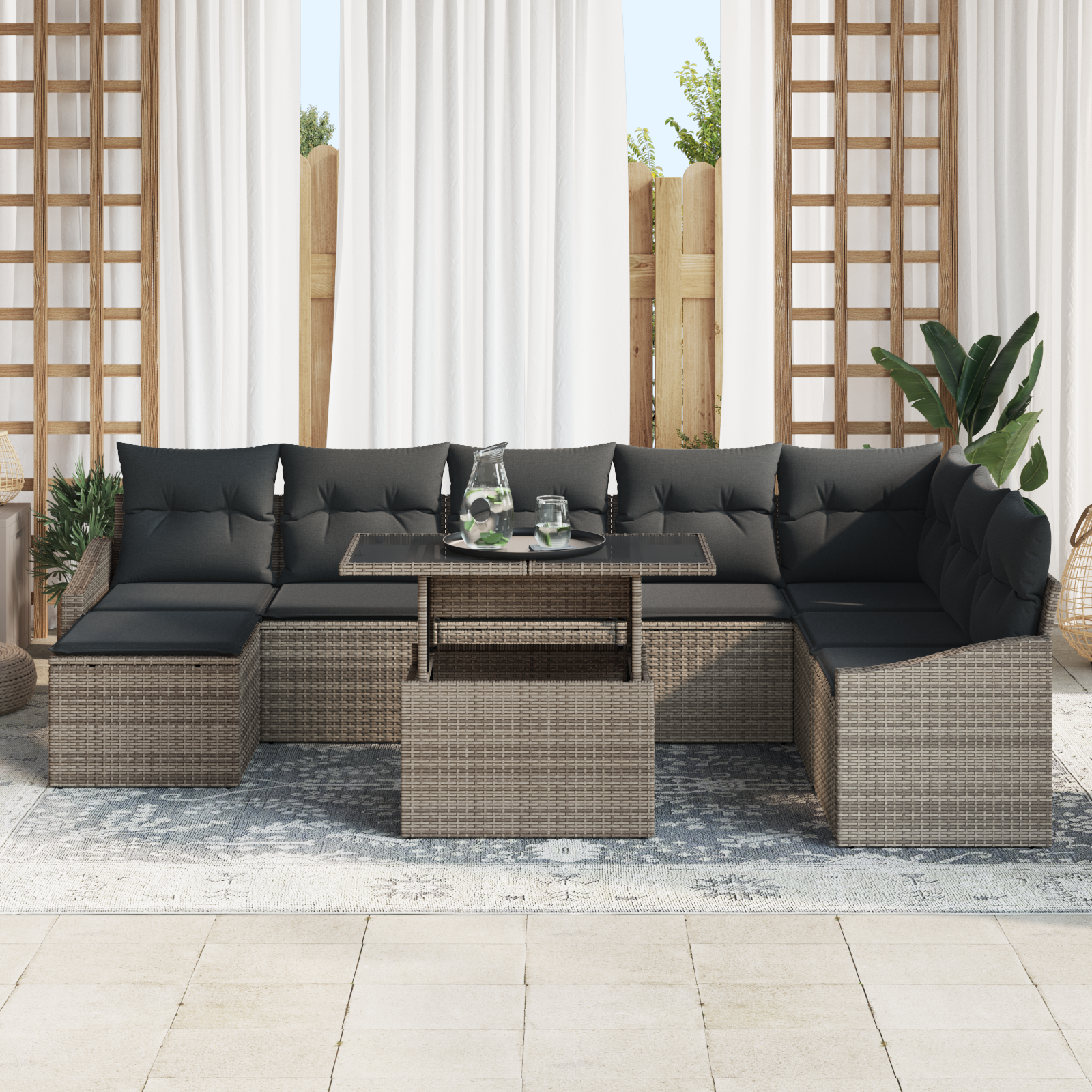 vidaXL 9-delige tuinset met kussens in grijs poly rattan