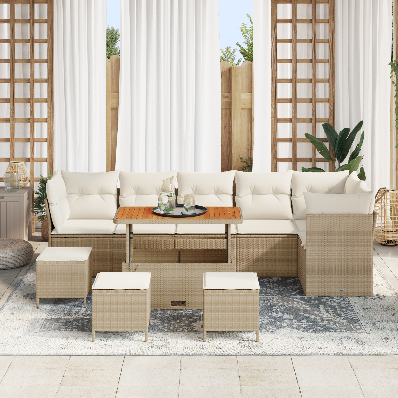 vidaXL Tuinbank 4-zits modulair met kussens rattan beige
