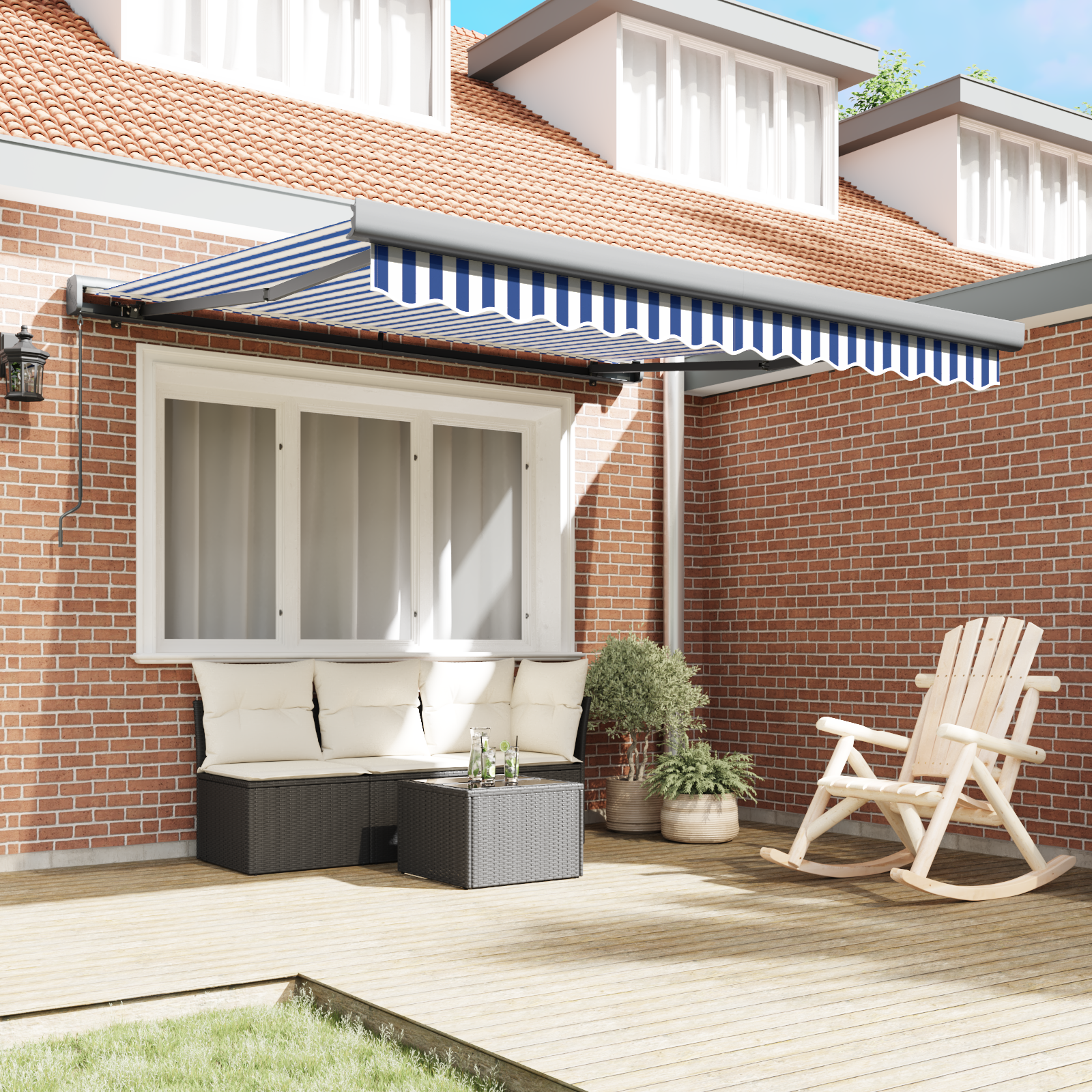 vidaXL Handmatige Intrekbare Luifel Blauw en Wit 300x250 cm