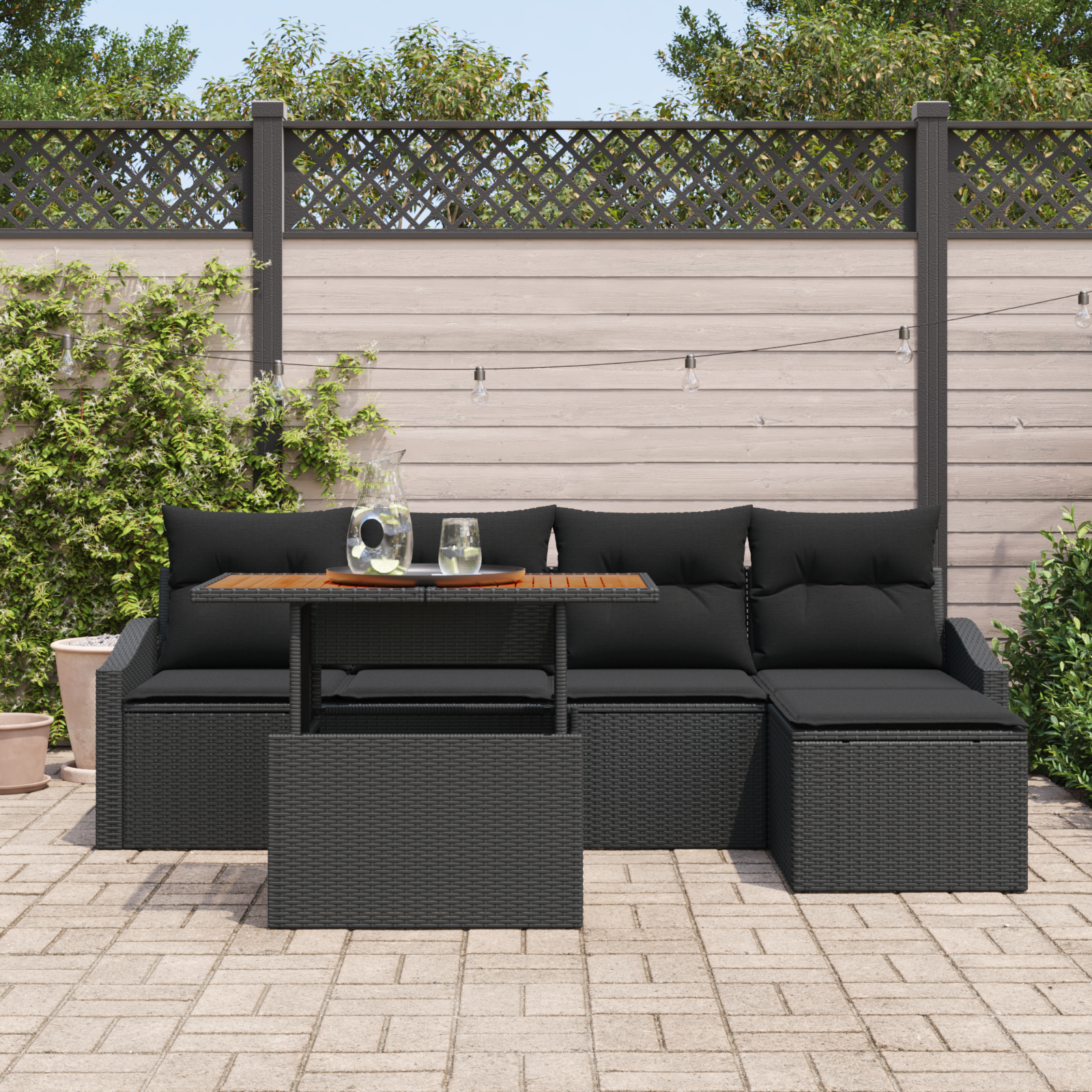 vidaXL 6-delige tuinset met kussens zwart poly rattan acacia