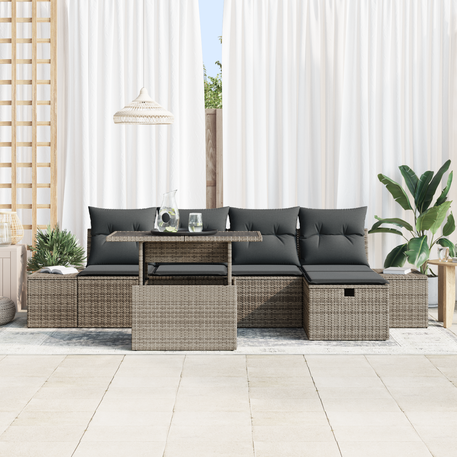 vidaXL 6-delige Tuinbankenset met kussens poly rattan grijs