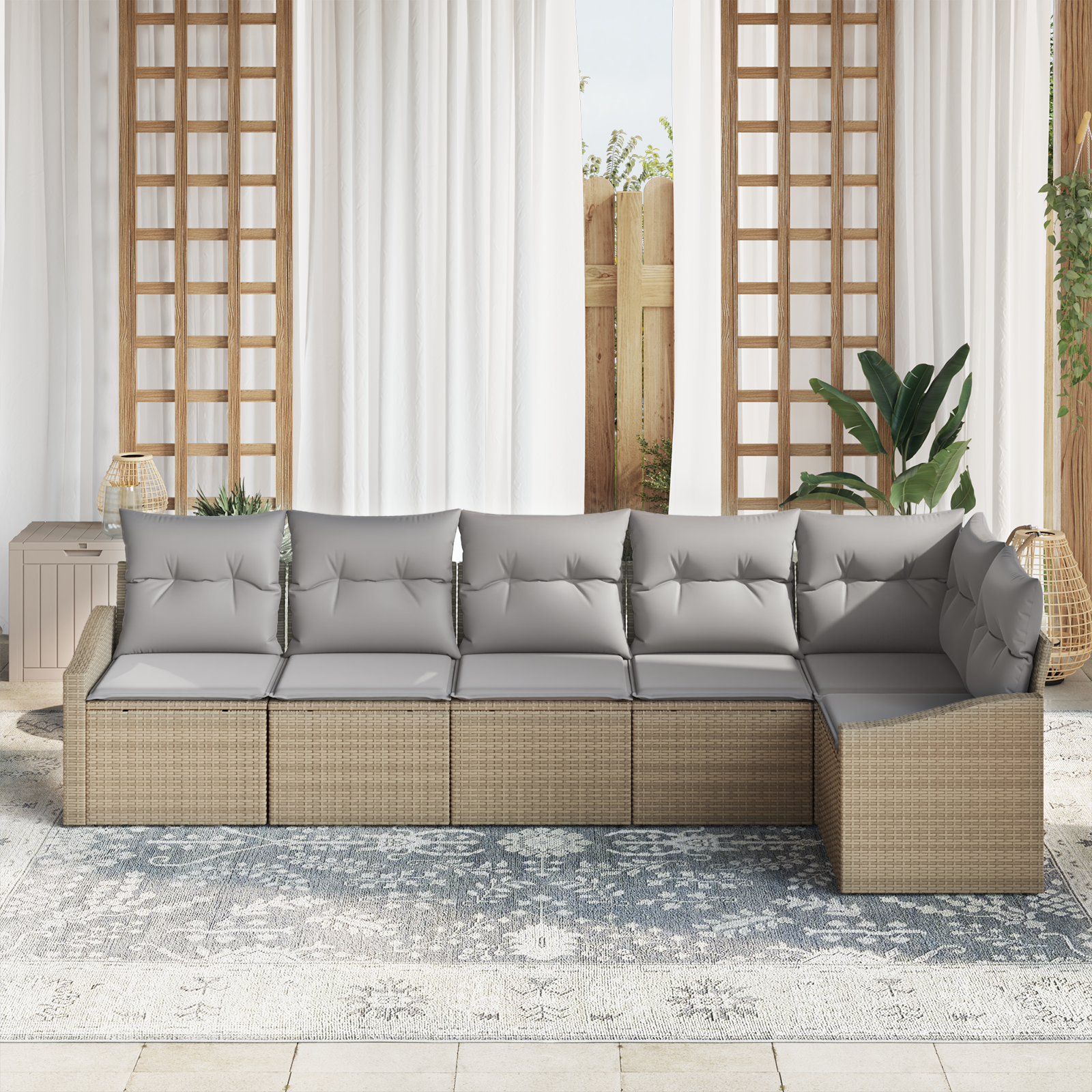 vidaXL 6-delige Tuinbankenset met kussens poly rattan beige