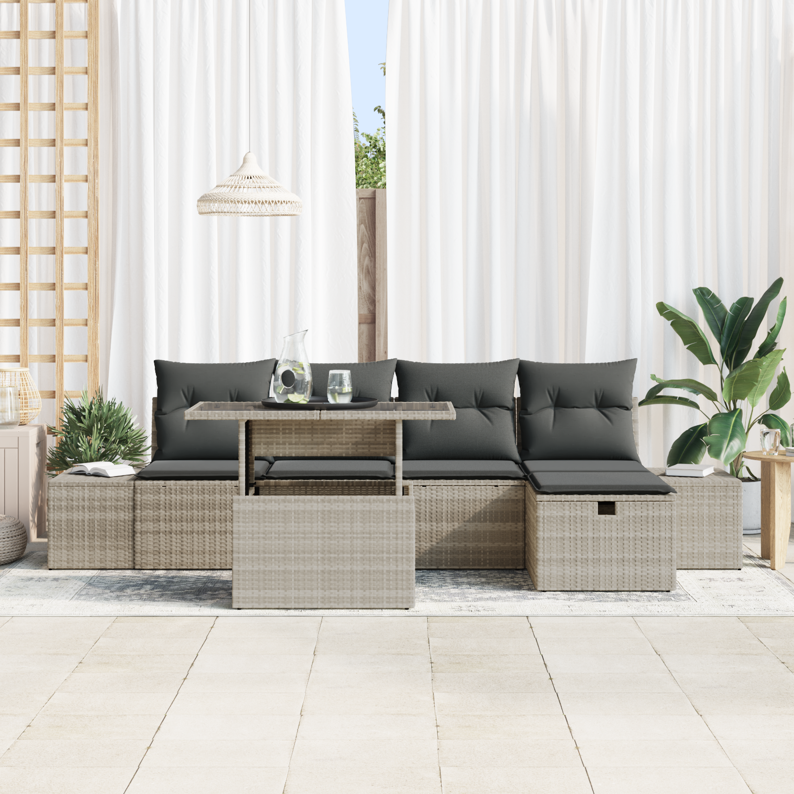 vidaXL 6-delige Tuinbankenset met kussens poly rattan lichtgrijs