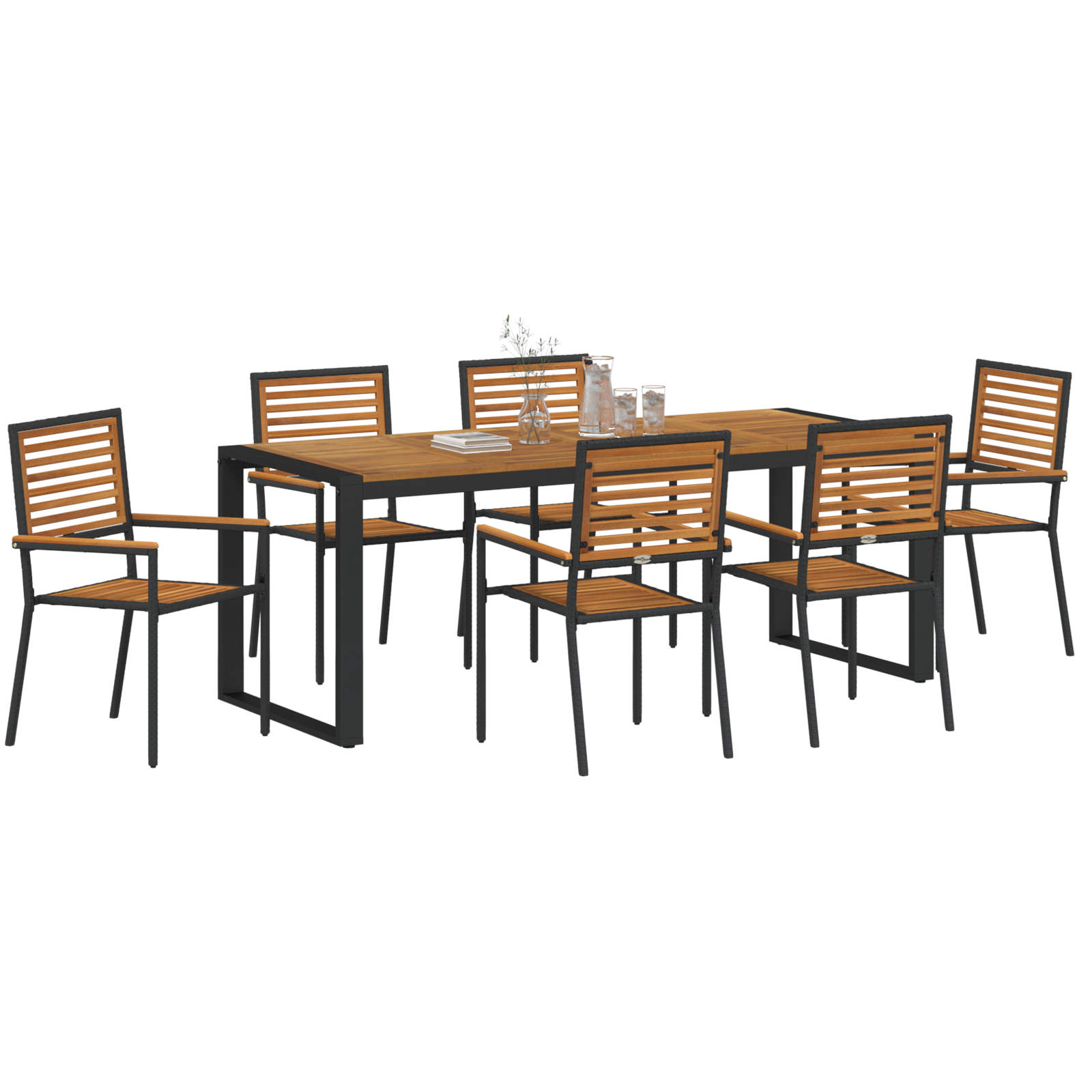 vidaXL 7-delige Tuinset met Eettafel in Zwart Poly Rattan en Acaciabomen