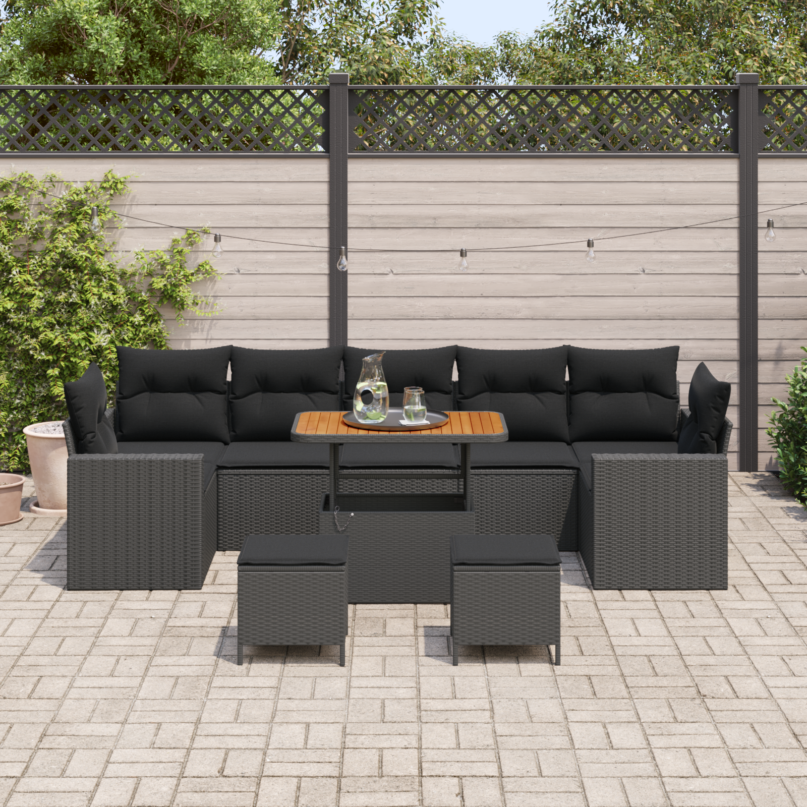 vidaXL 10-delige tuinbankset met kussens in zwart poly riet en acacia