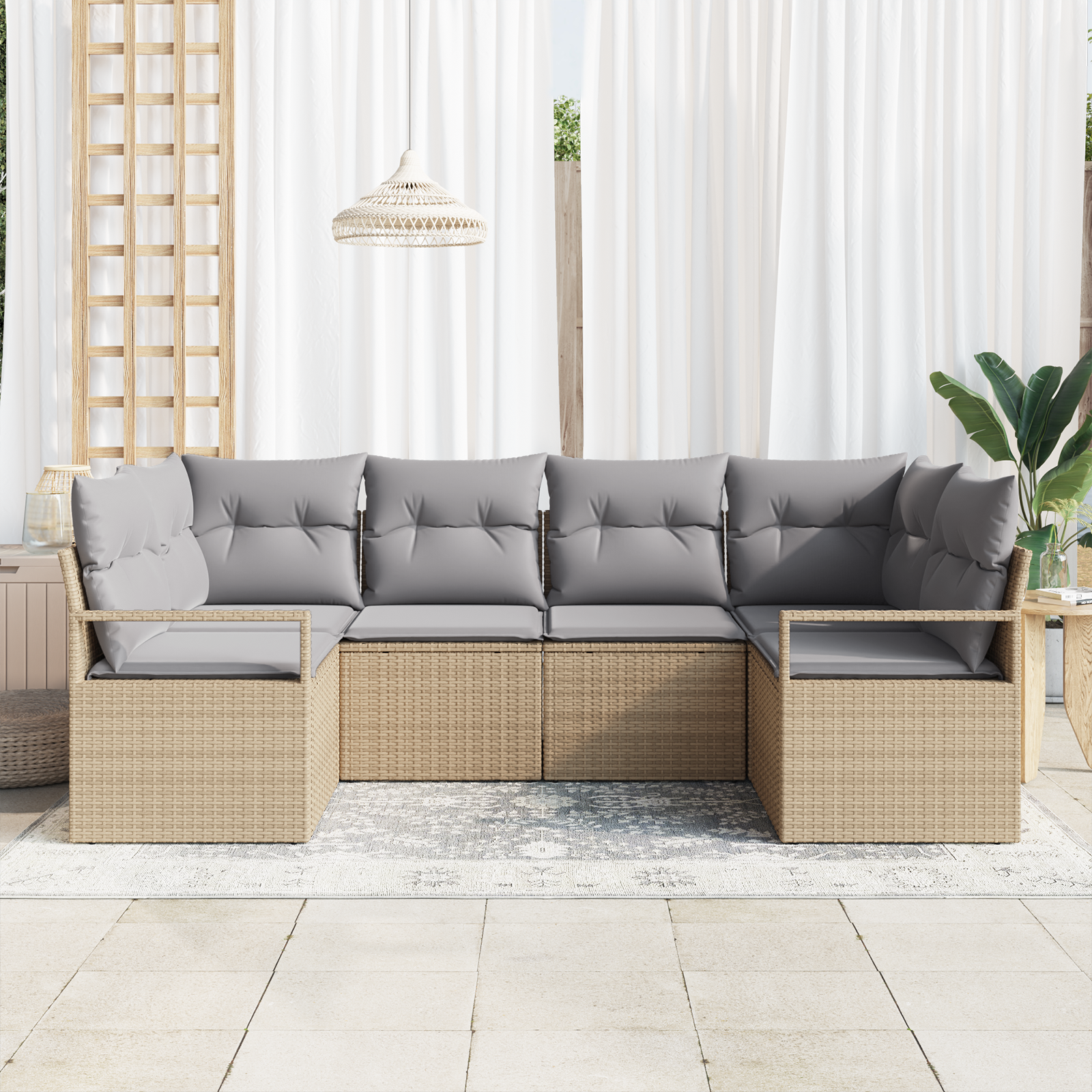 vidaXL 6-delige Tuinbankenset met kussens poly rattan beige