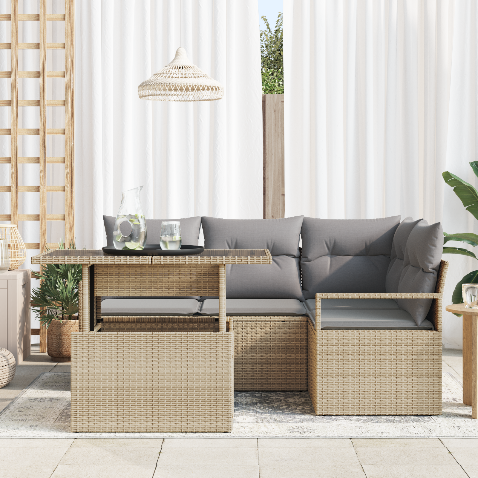 vidaXL 5-delige Tuinoverkapping Set met Kussens Beige Poly Rattan
