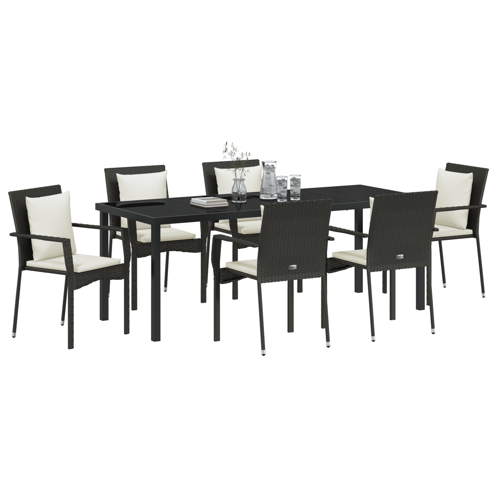 vidaXL 7-delige tuin eetset met kussens in zwart poly rattan