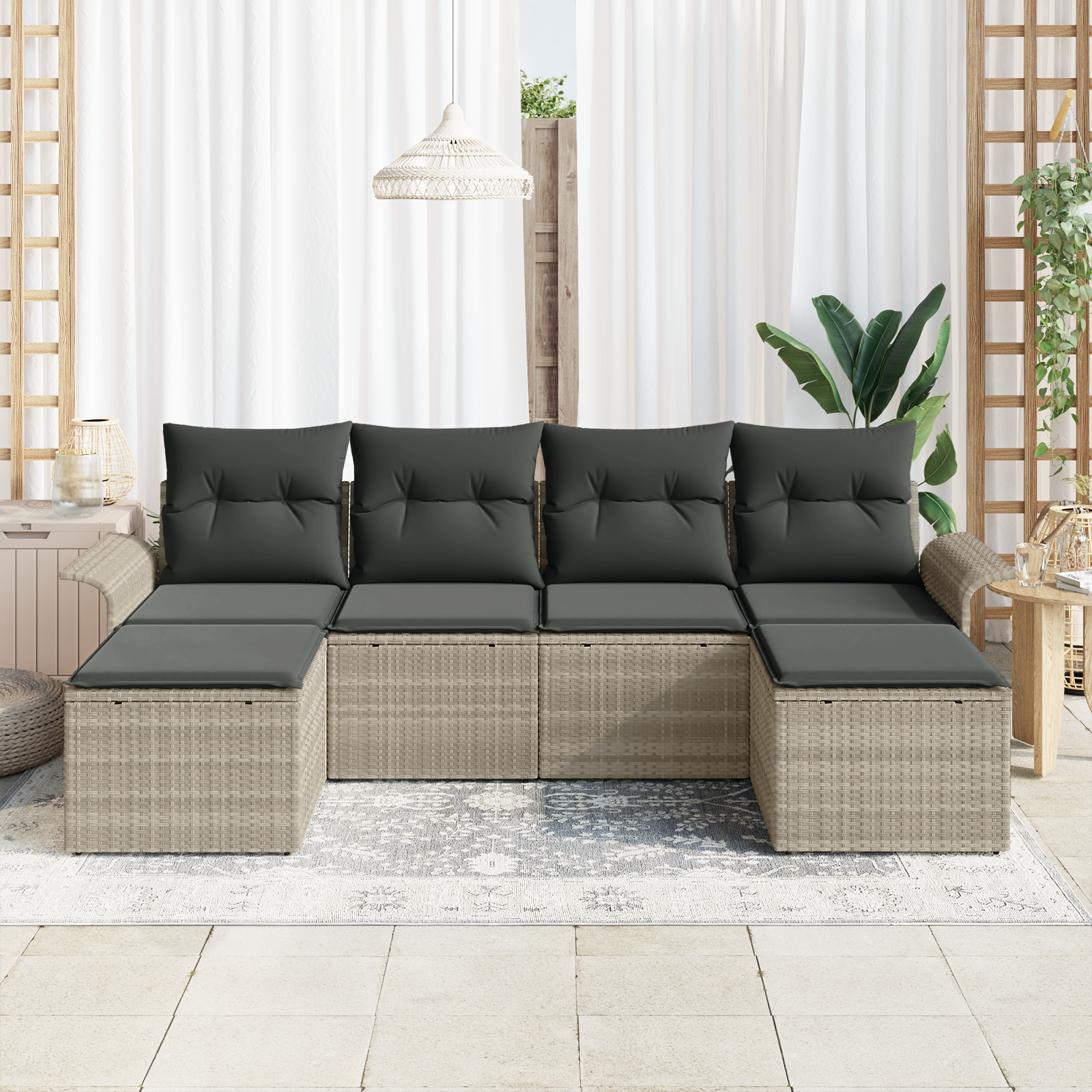 vidaXL 6-delige ligbedden set met kussens lichtgrijs poly rattan