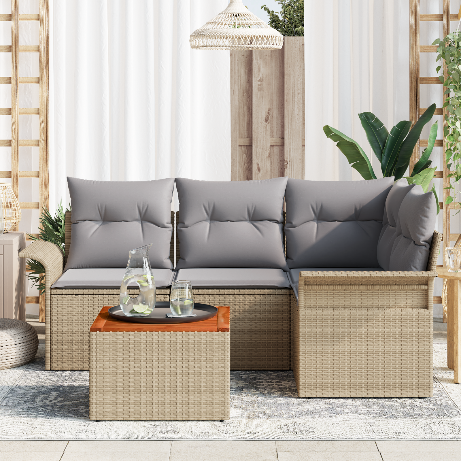 vidaXL 5-delige tuinbankset met kussens in beige poly rattan en acacia