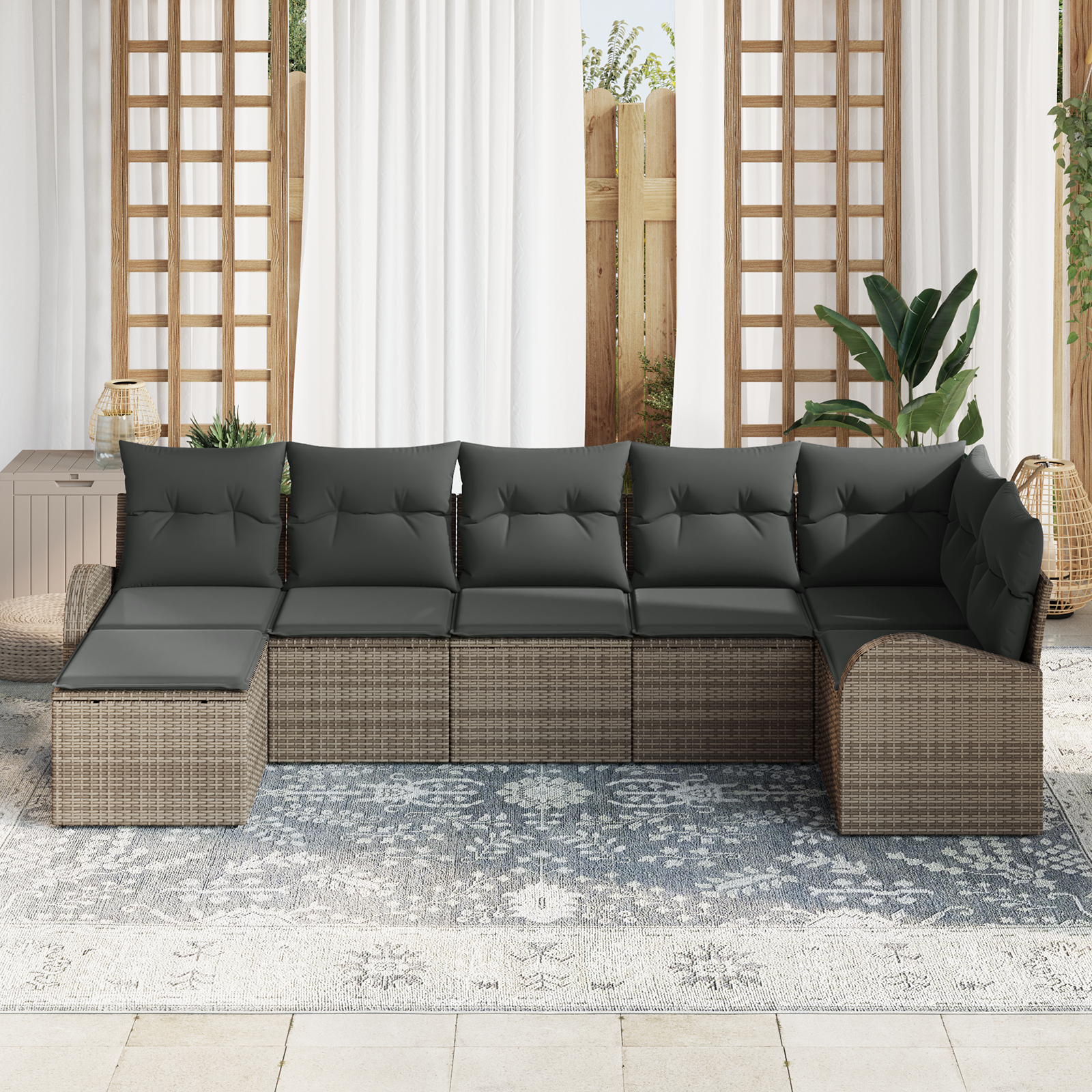 vidaXL 7-delige tuinbankset met kussens - grijs poly rattan