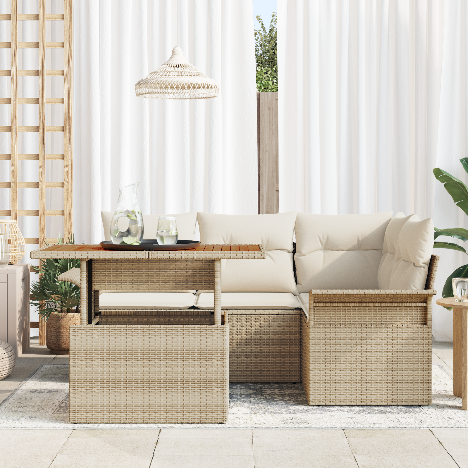 vidaXL 5-delige tuin eettafelset met kussens in beige poly rattan en acacia