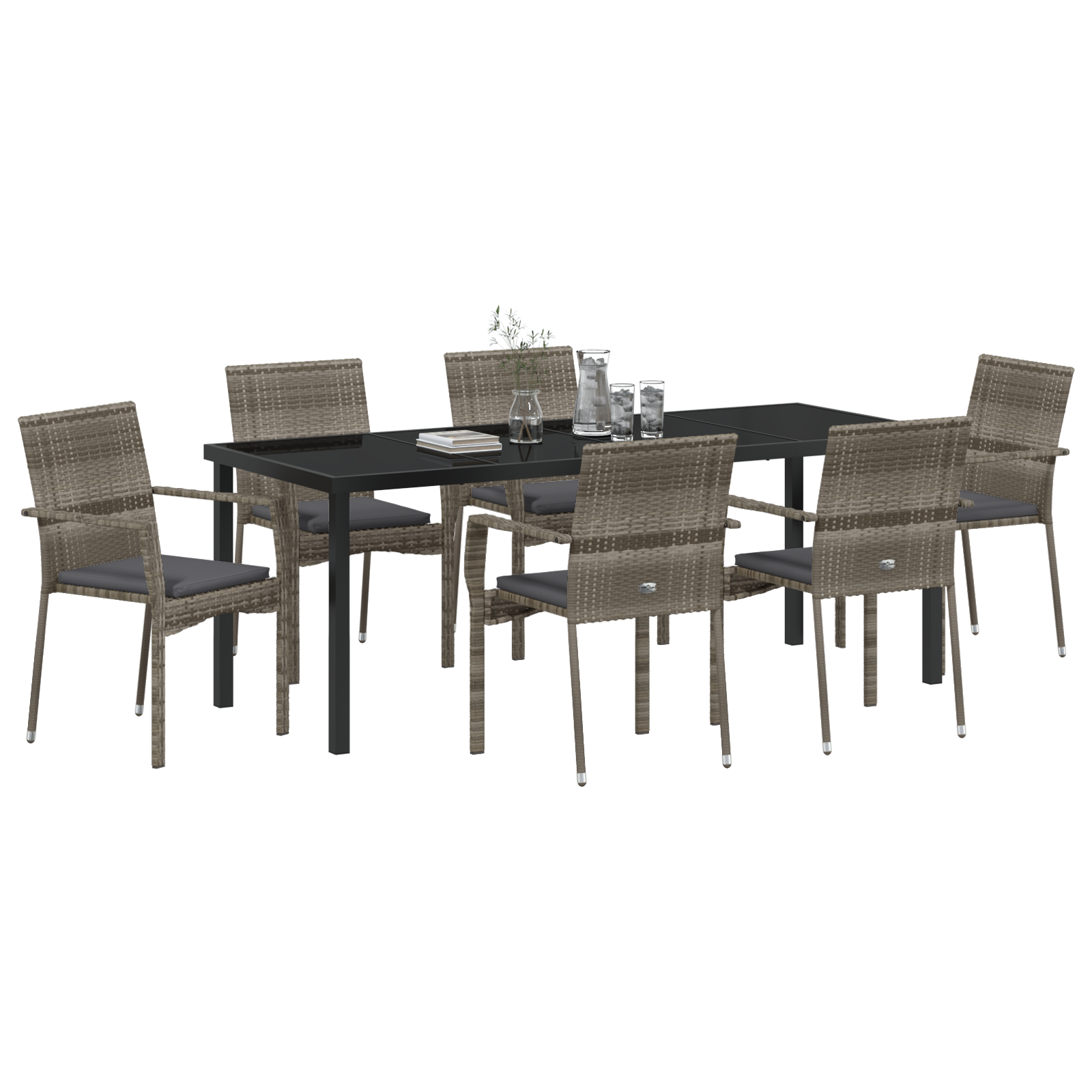 vidaXL 7-delige Tuin Eettafelset met Kussens - Grijs Poly Rattan