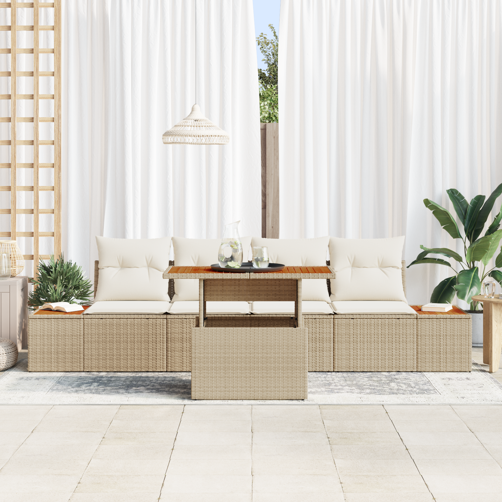 vidaXL 5-delige Tuinset met kussens poly rattan acaciahout beige