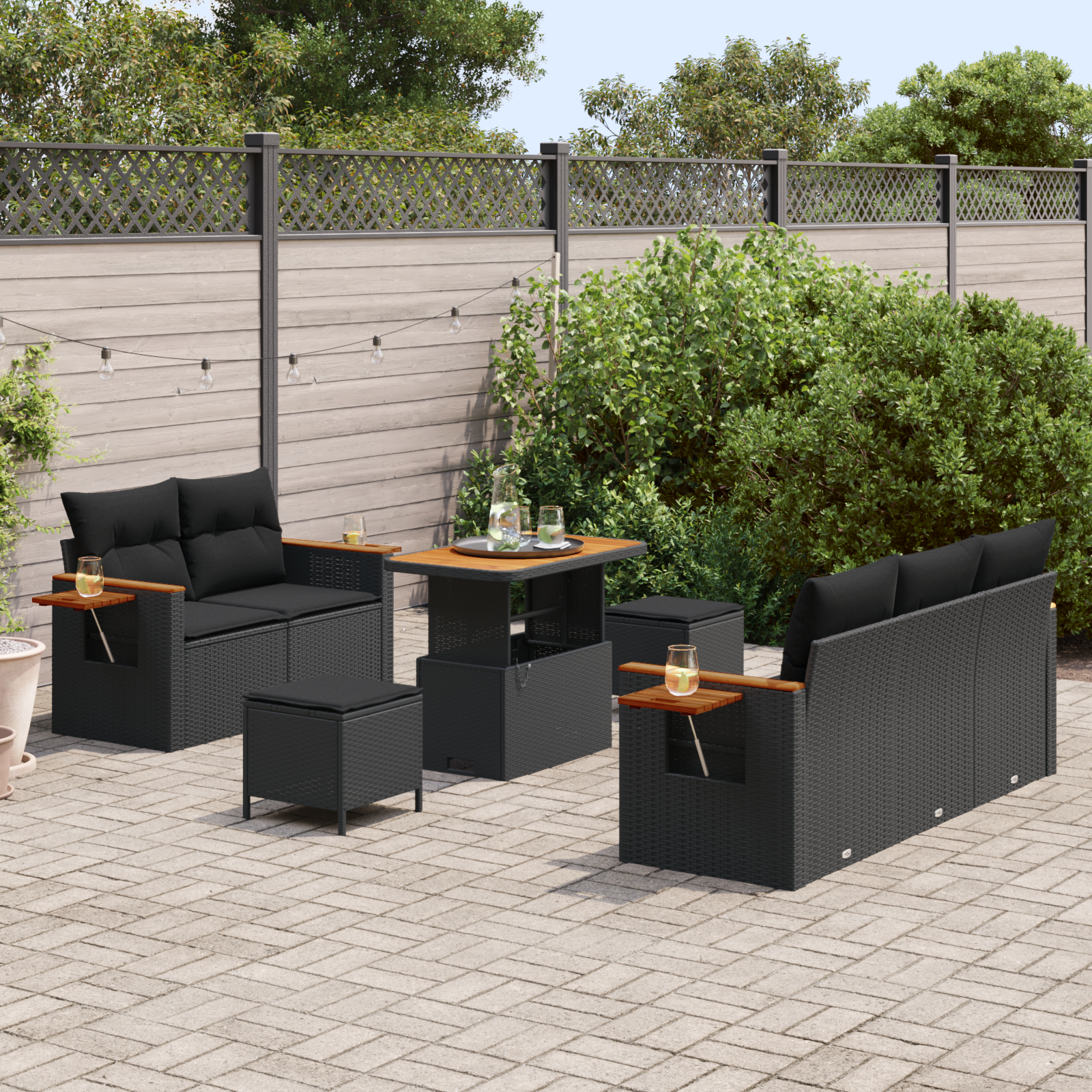 vidaXL 8-delige tuinset met kussens zwart poly rattan acacia