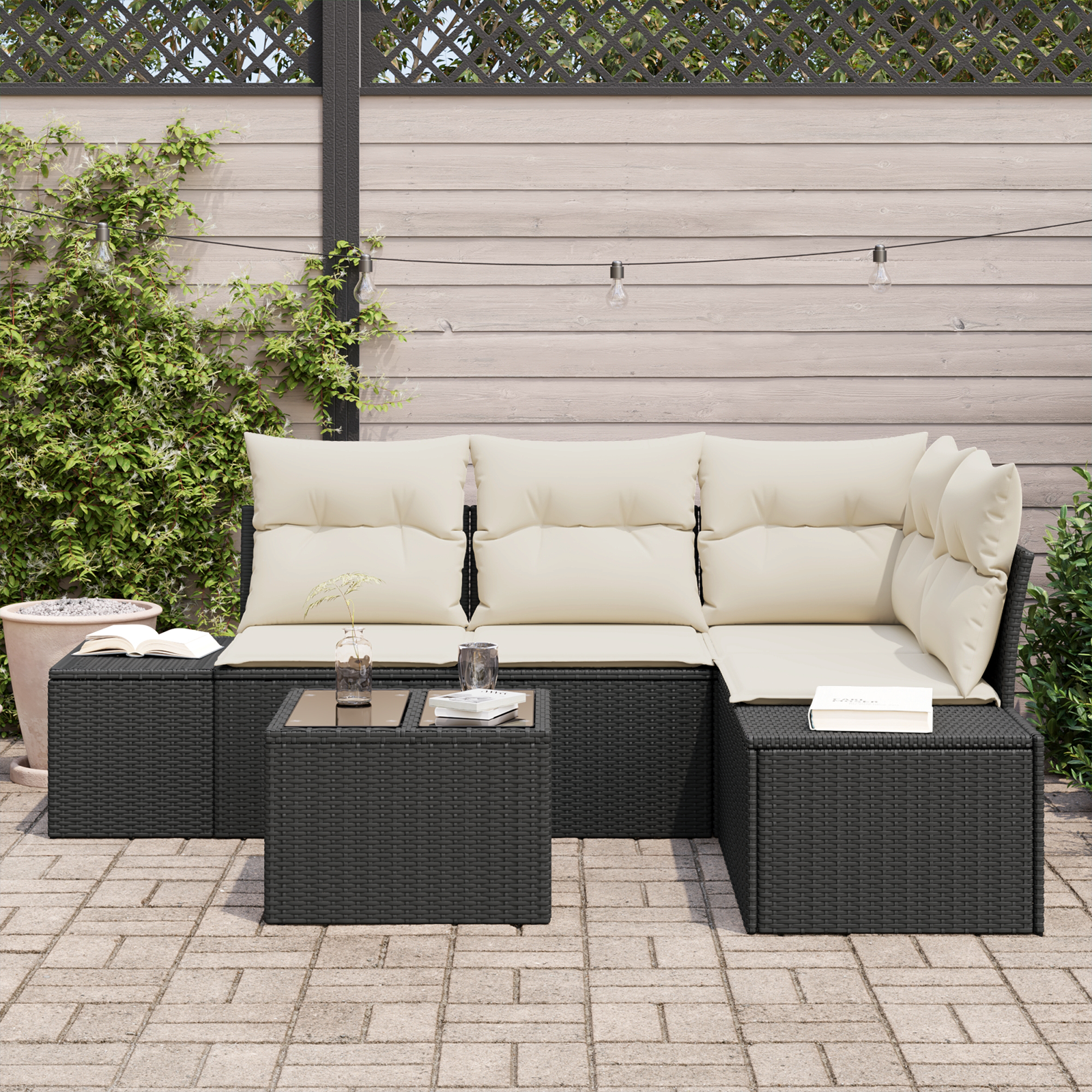 vidaXL 4-delige Tuinbankenset met kussens poly rattan bruin
