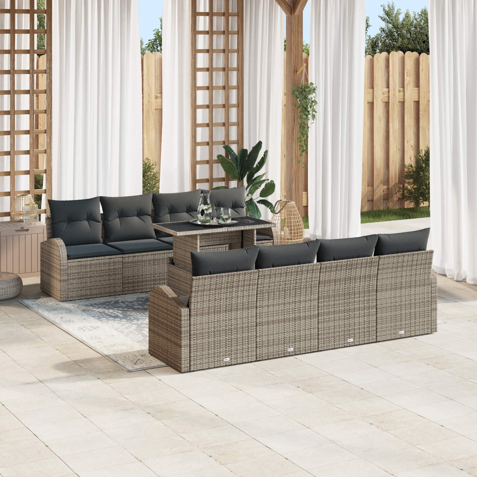 vidaXL 9-delige tuinset met kussens grijs poly rattan