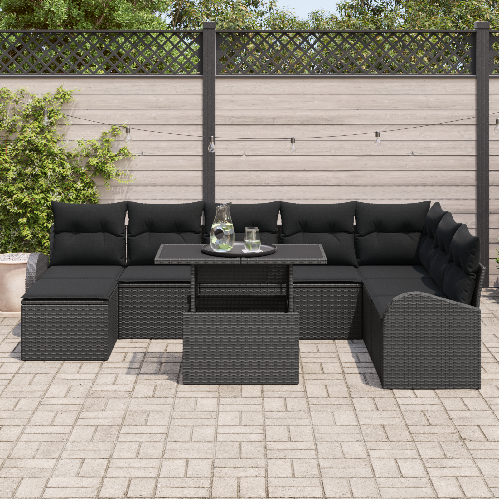 vidaXL 9-delige Tuinbankenset met kussens poly rattan zwart
