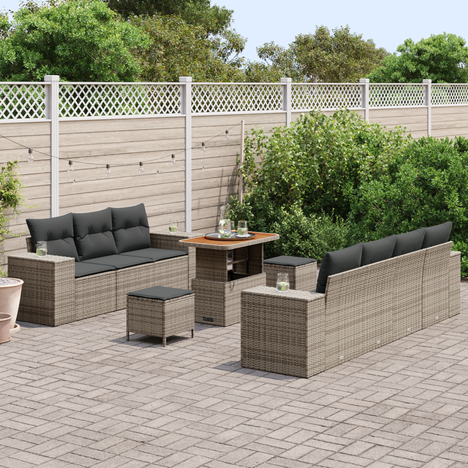 vidaXL 10-delige Tuinbankenset met kussens poly rattan acacia grijs